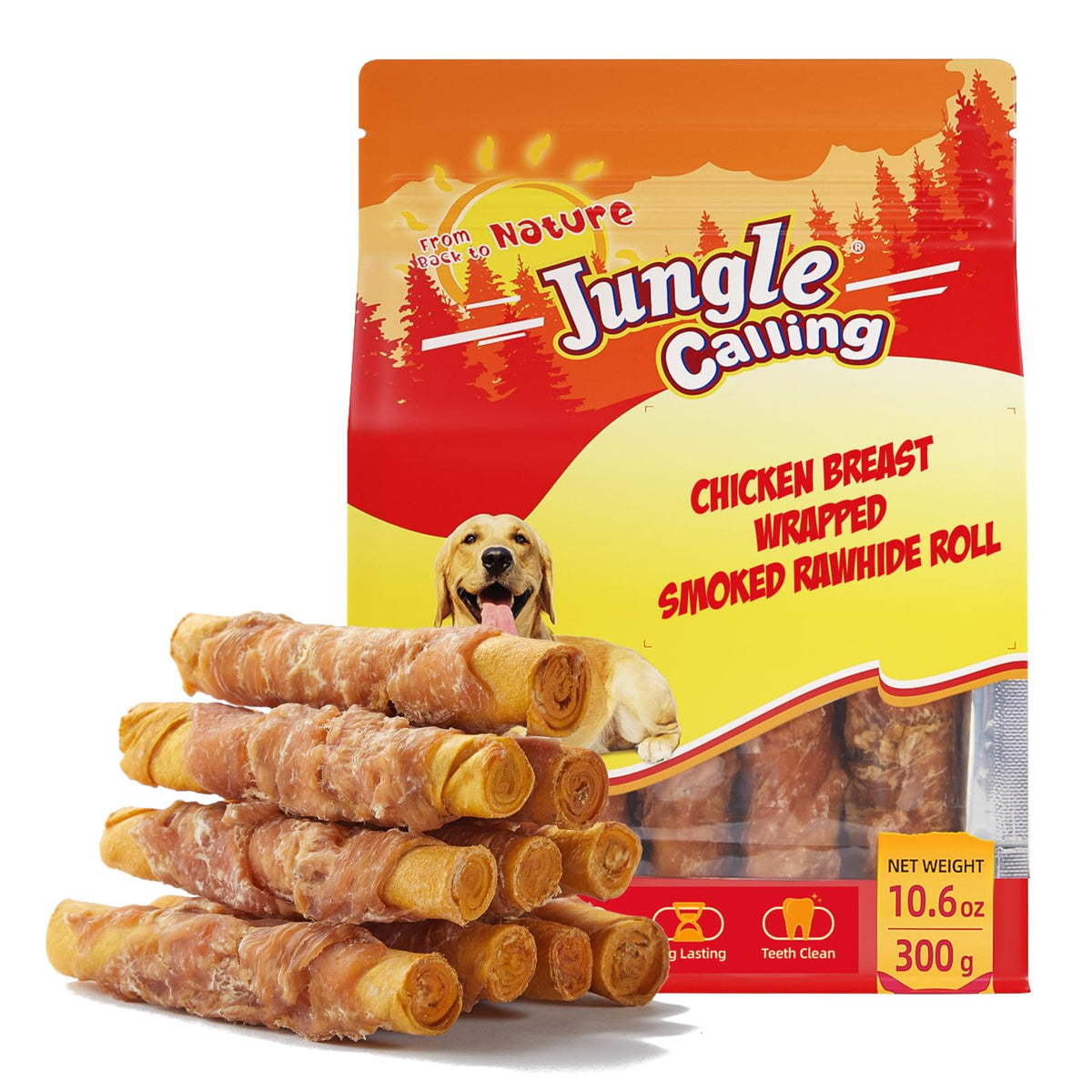 Jungle Calling smoked chicken wrapped rawhide rolls packaging, protein-rich chew for medium and large dogs.