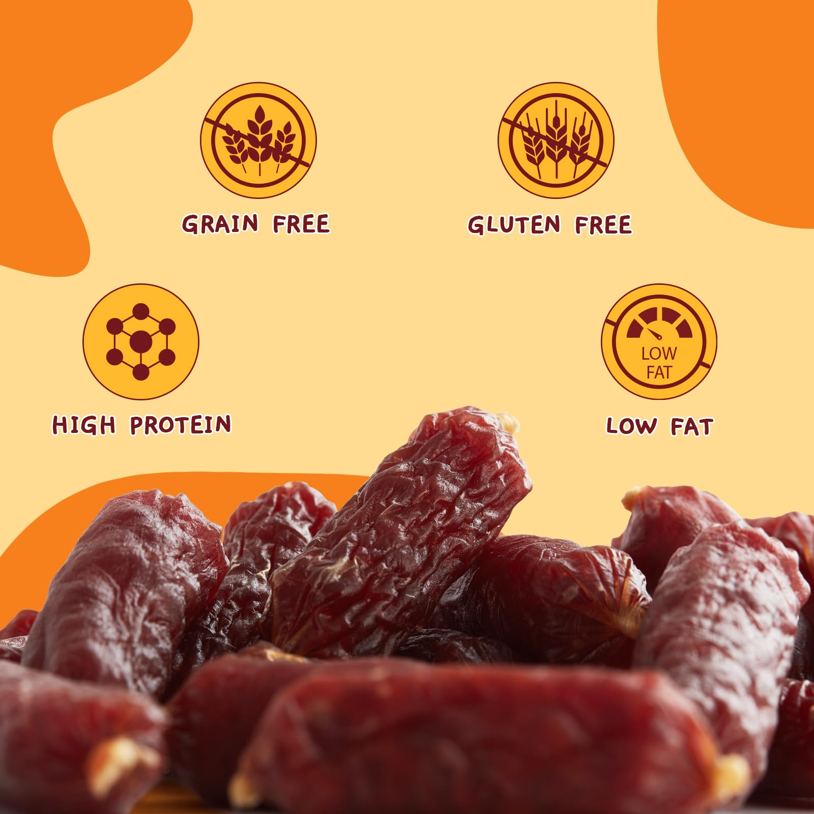 Jungle Calling soft beef sausage treats close-up, tender texture for easy chewing.
