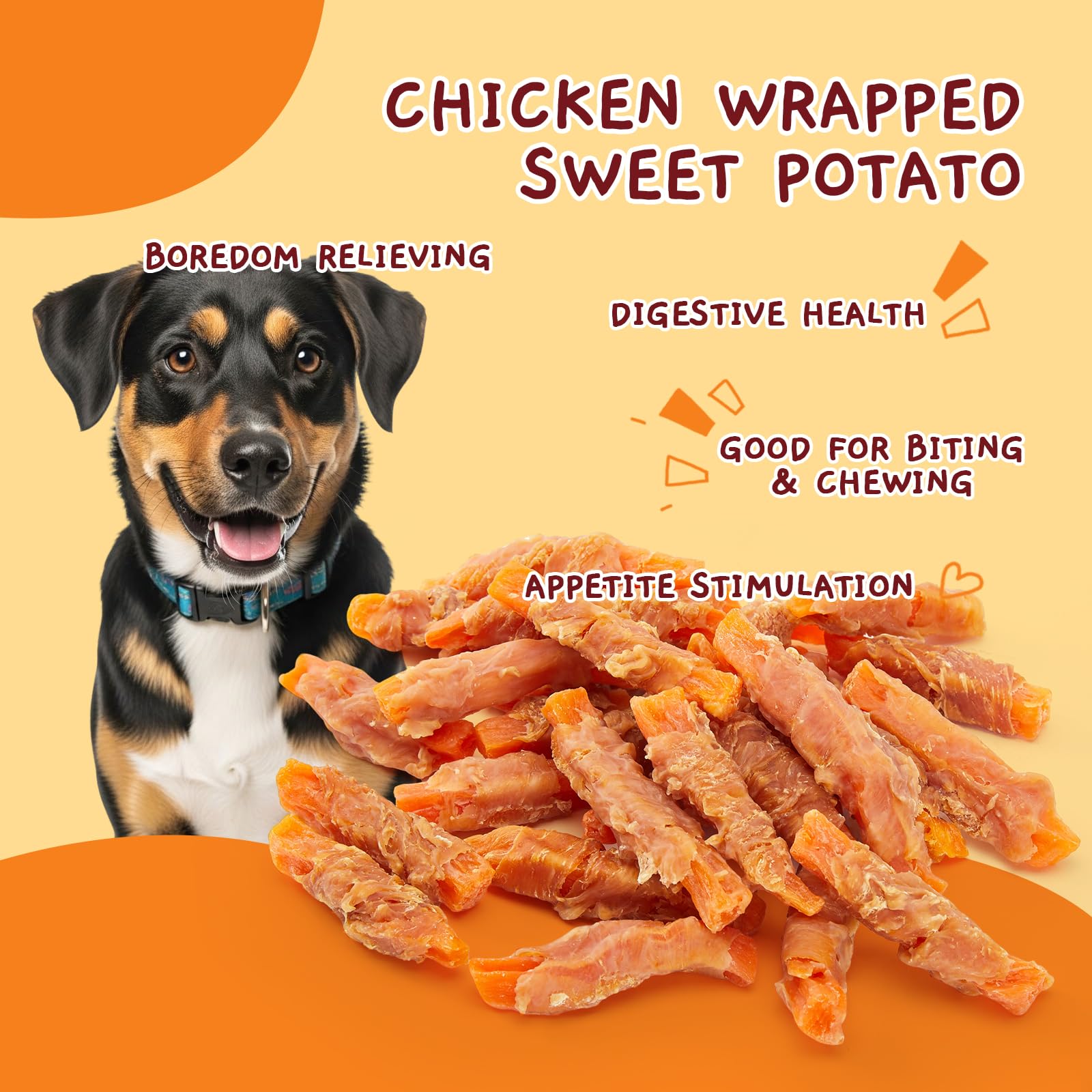 Chicken-wrapped sweet potato treats by Jungle Calling, great for rewarding good behavior.