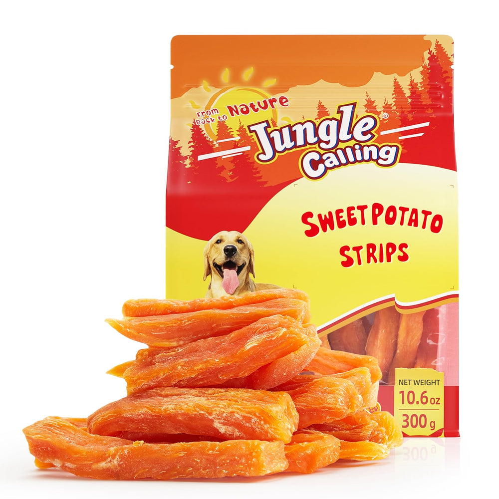 Jungle Calling Sweet Potato Treat Strip close-up, single-ingredient snack for easy digestion.