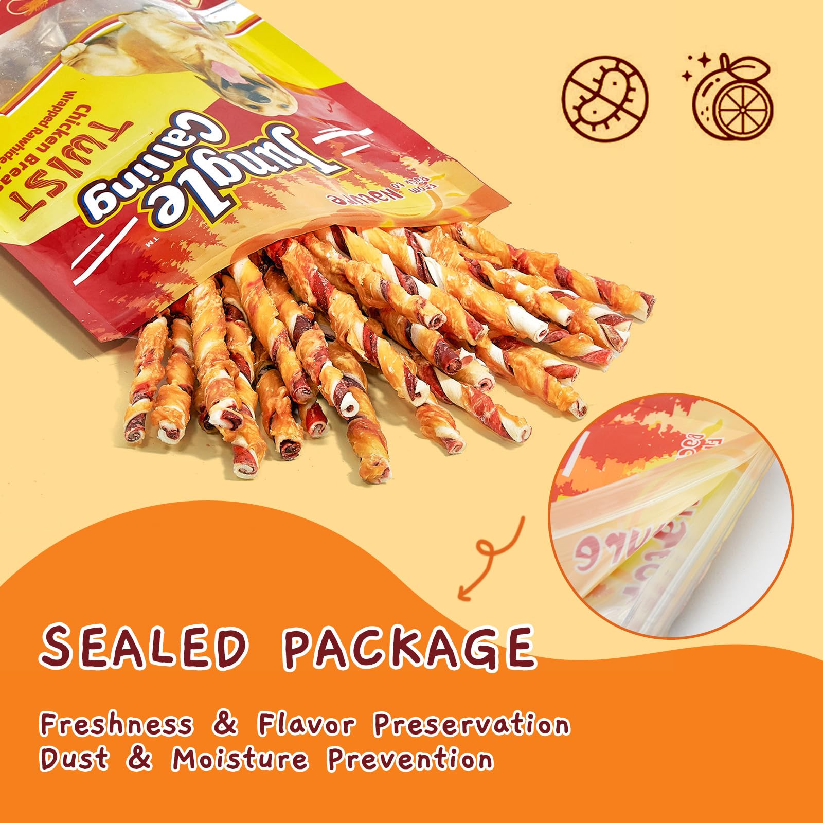 Jungle Calling treats on shelf emphasize long-lasting dental chews ideal for training