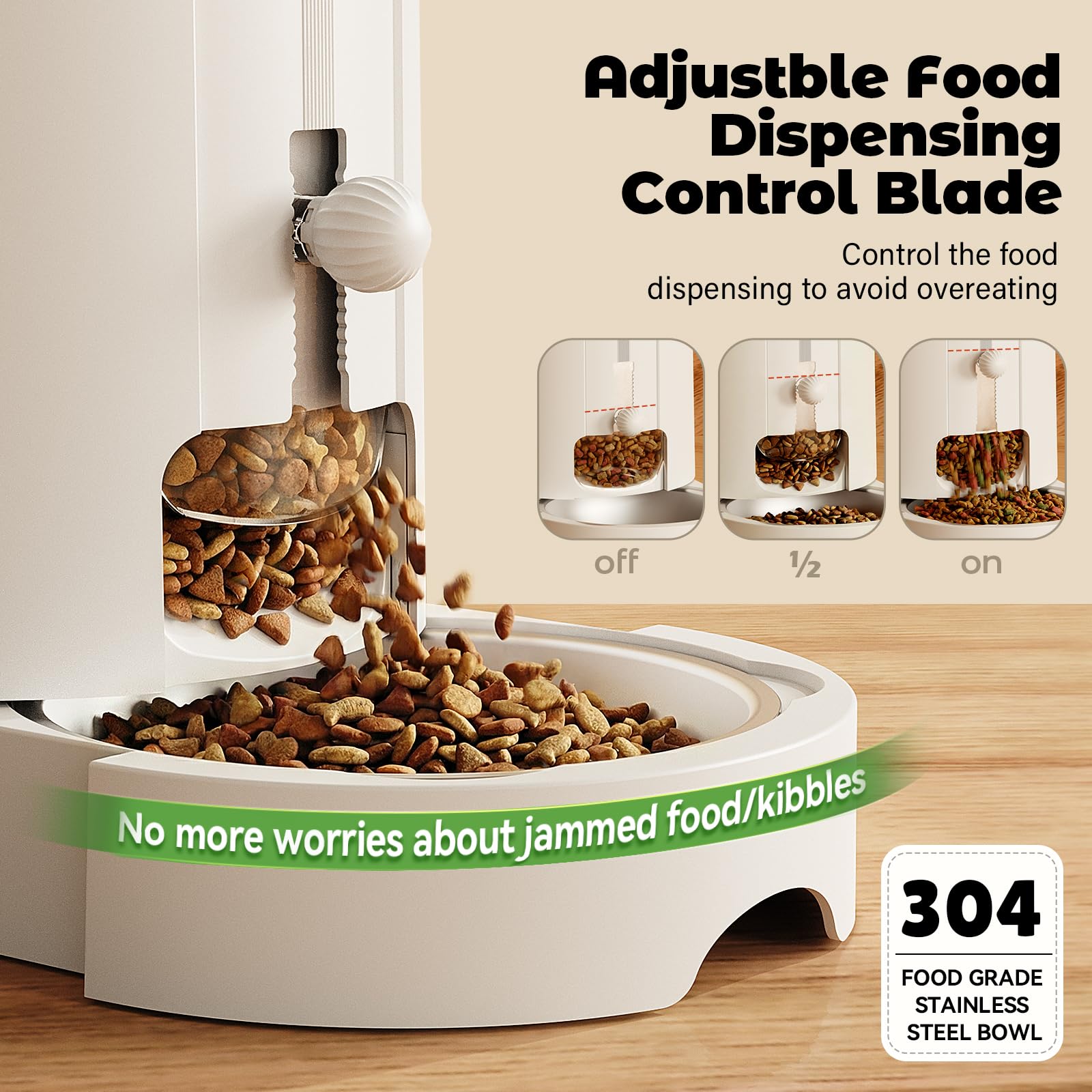 Adjustable dispensing blade on JUNSPOW feeder tailors portions to your pet.