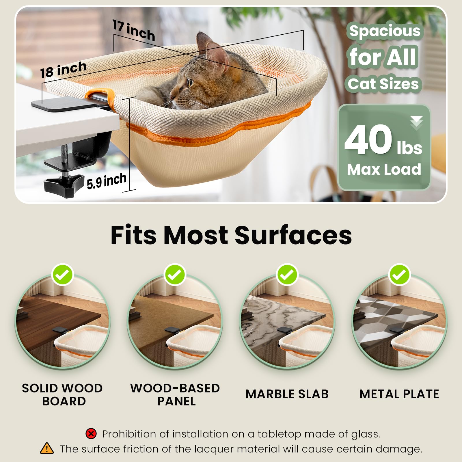 JUNSPOW cat desk bed supports up to 40 pounds for sturdy seating.