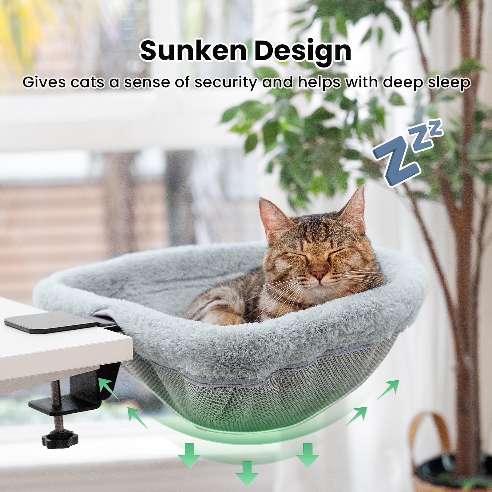 JUNSPOW Cat Desk Bed saving space by hugging the desk edge.