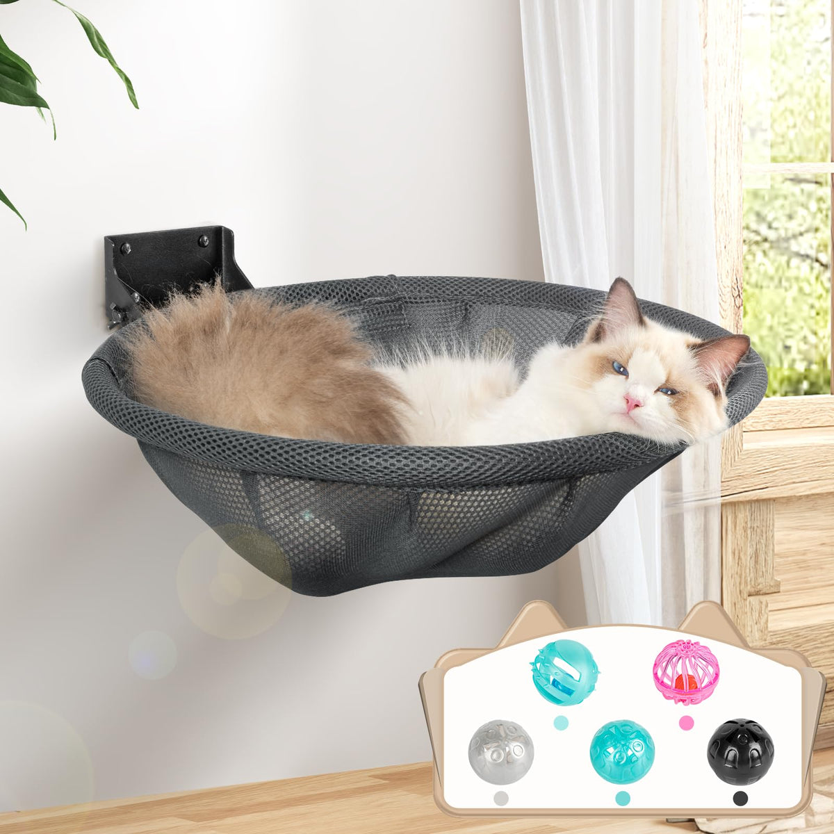 JUNSPOW wall-mounted cat hammock with foldable design for space-saving bedrooms.