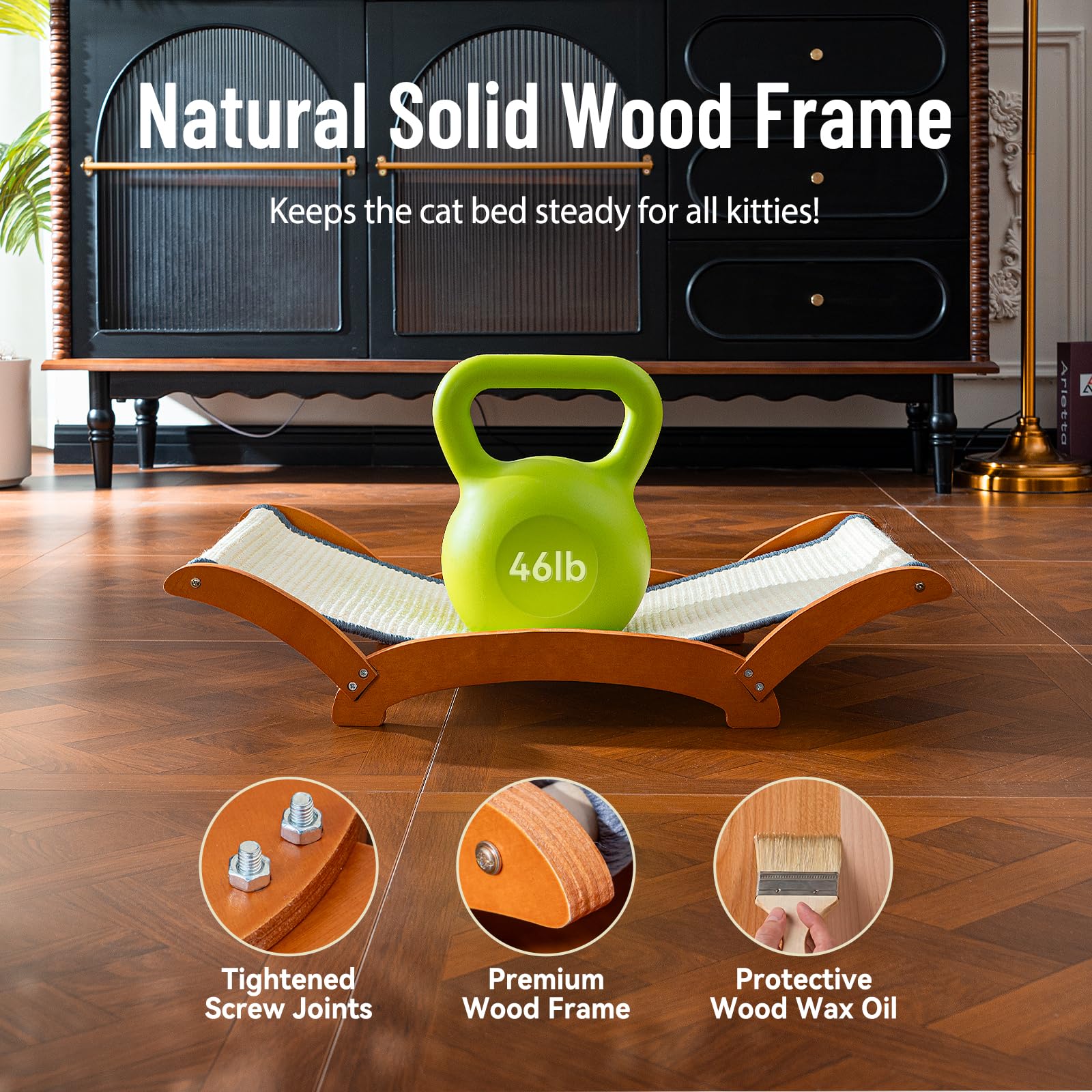 JUNSPOW cat on hammock illustrates spacious lounging and scratching space.