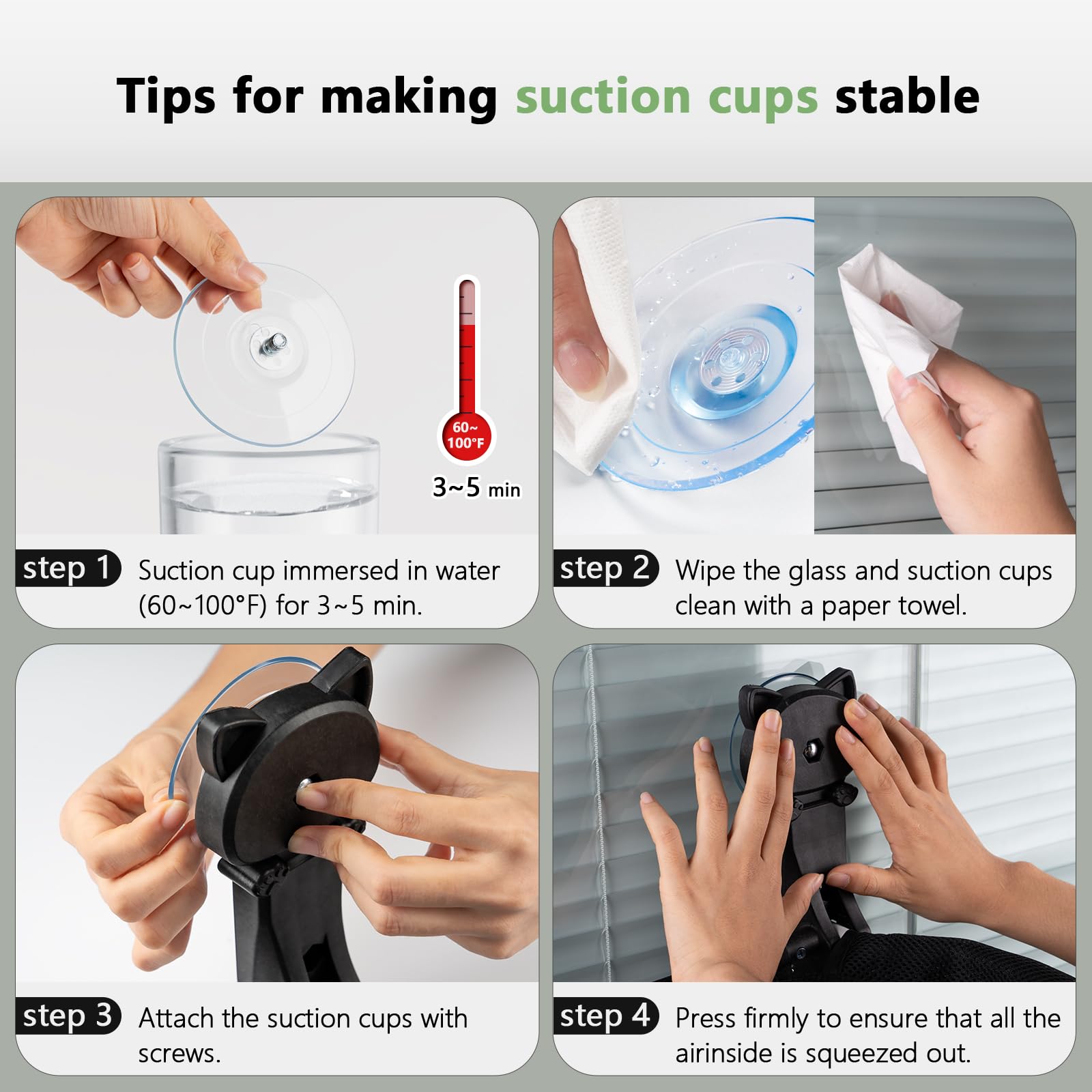 Pre-installation tips show how to prep window surfaces for strong suction.