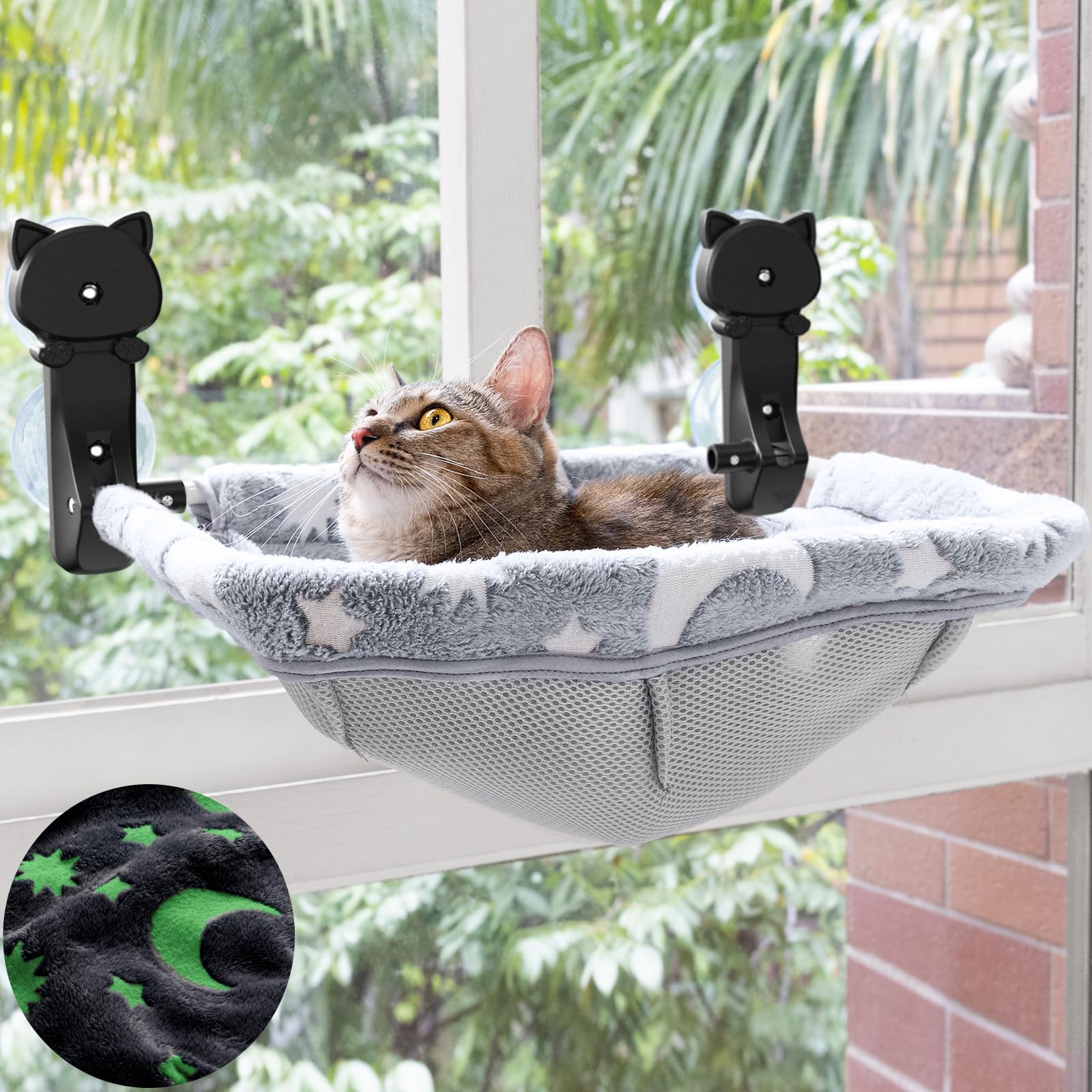 JUNSPOW cat window perch with sunken design for secure curling.