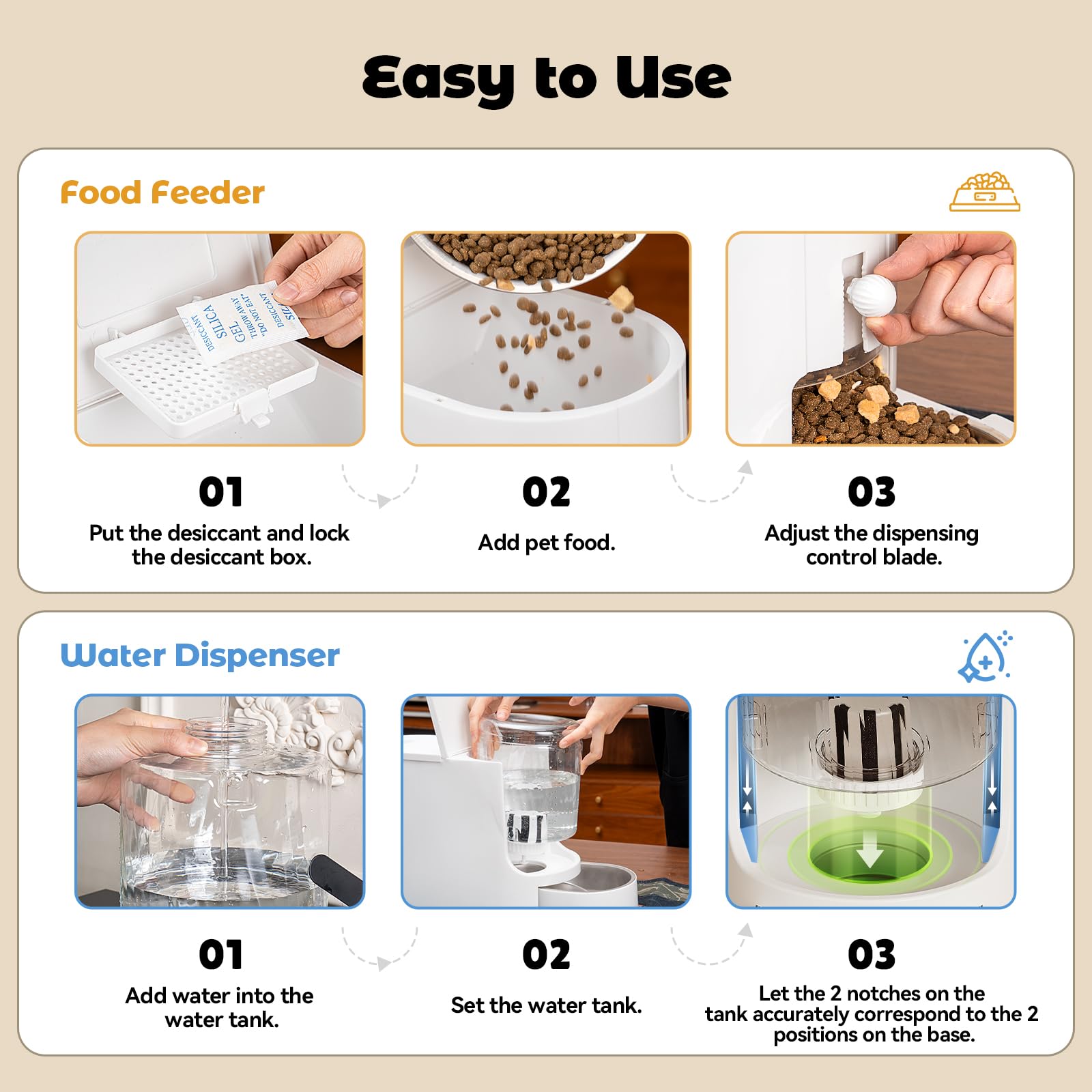 Pet-friendly materials: PP body, stainless steel bowls, and PET water container.