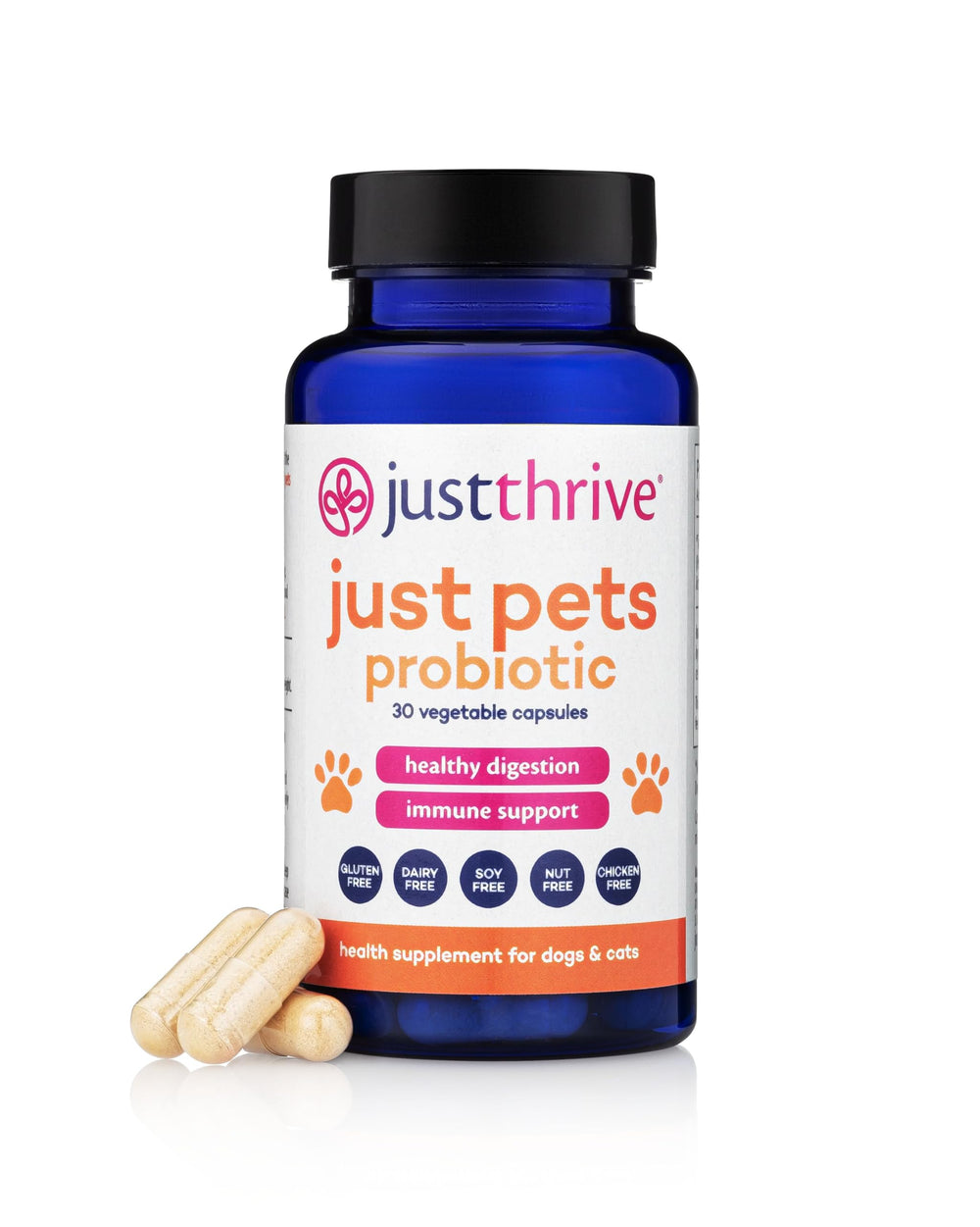 Just Thrive Just Pets Probiotic bottle front view supports daily digestion.