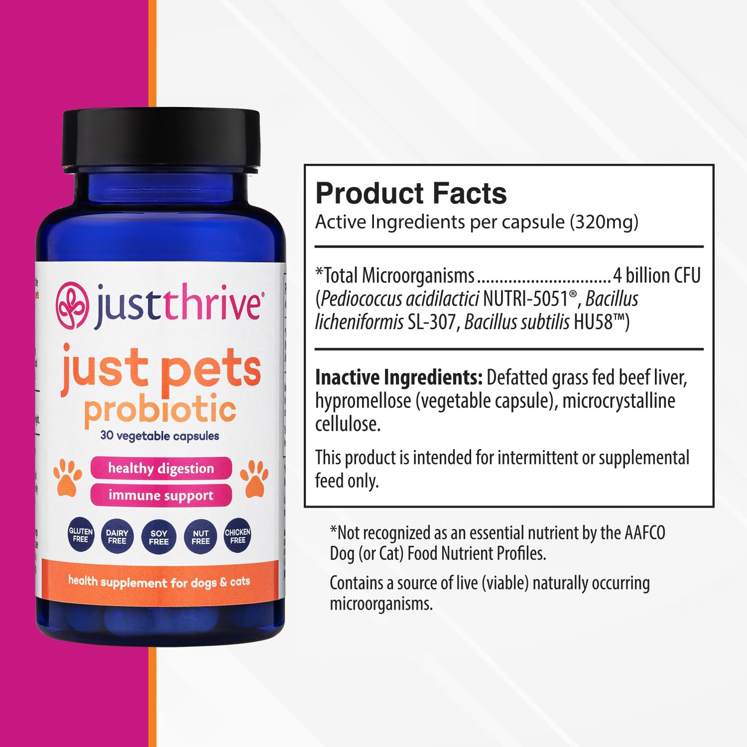 Just Thrive Just Pets Probiotic capsules close-up for dogs and cats.