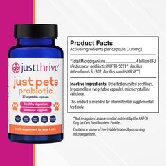 Just Thrive Just Pets Probiotic capsules close-up for dogs and cats.