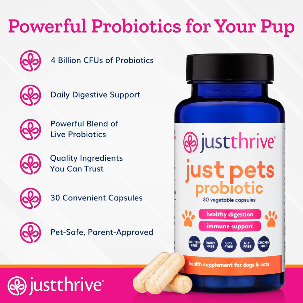 Just Thrive Just Pets Probiotic capsules ready for dogs and cats' daily routine.