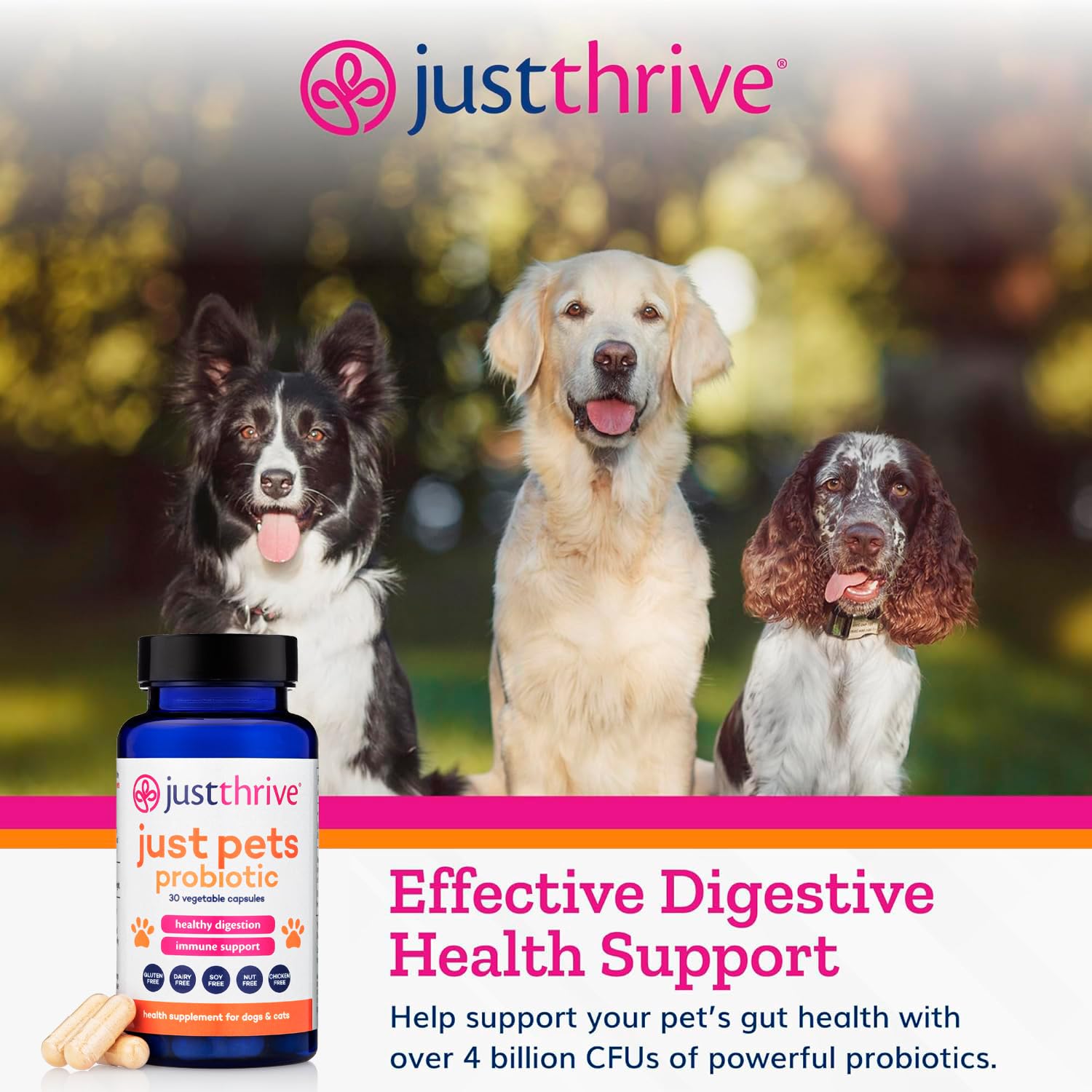 Just Thrive Just Pets Probiotic label detail highlights product potency.