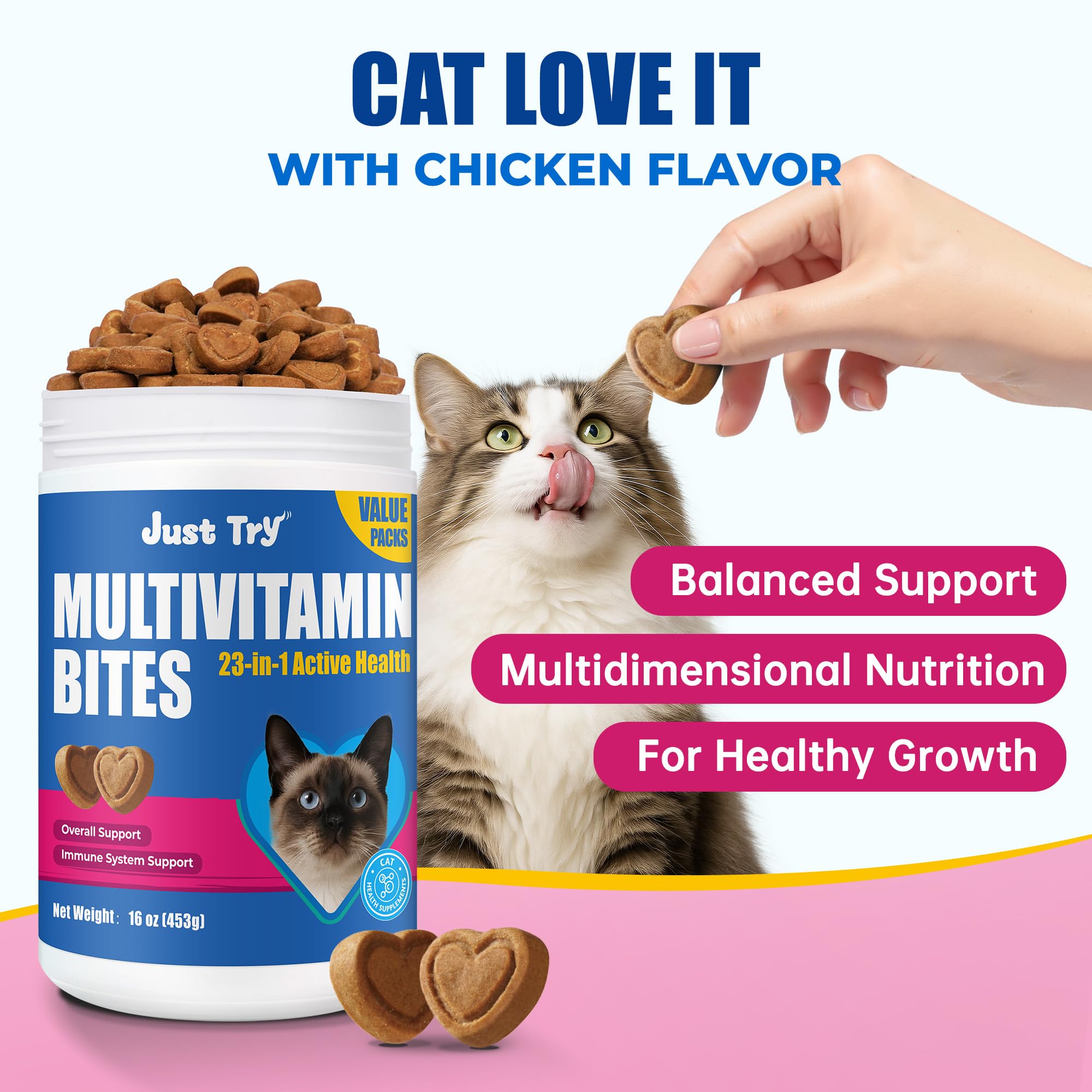 Just Try 23 in 1 taurine cat bottle 16oz shown on shelf