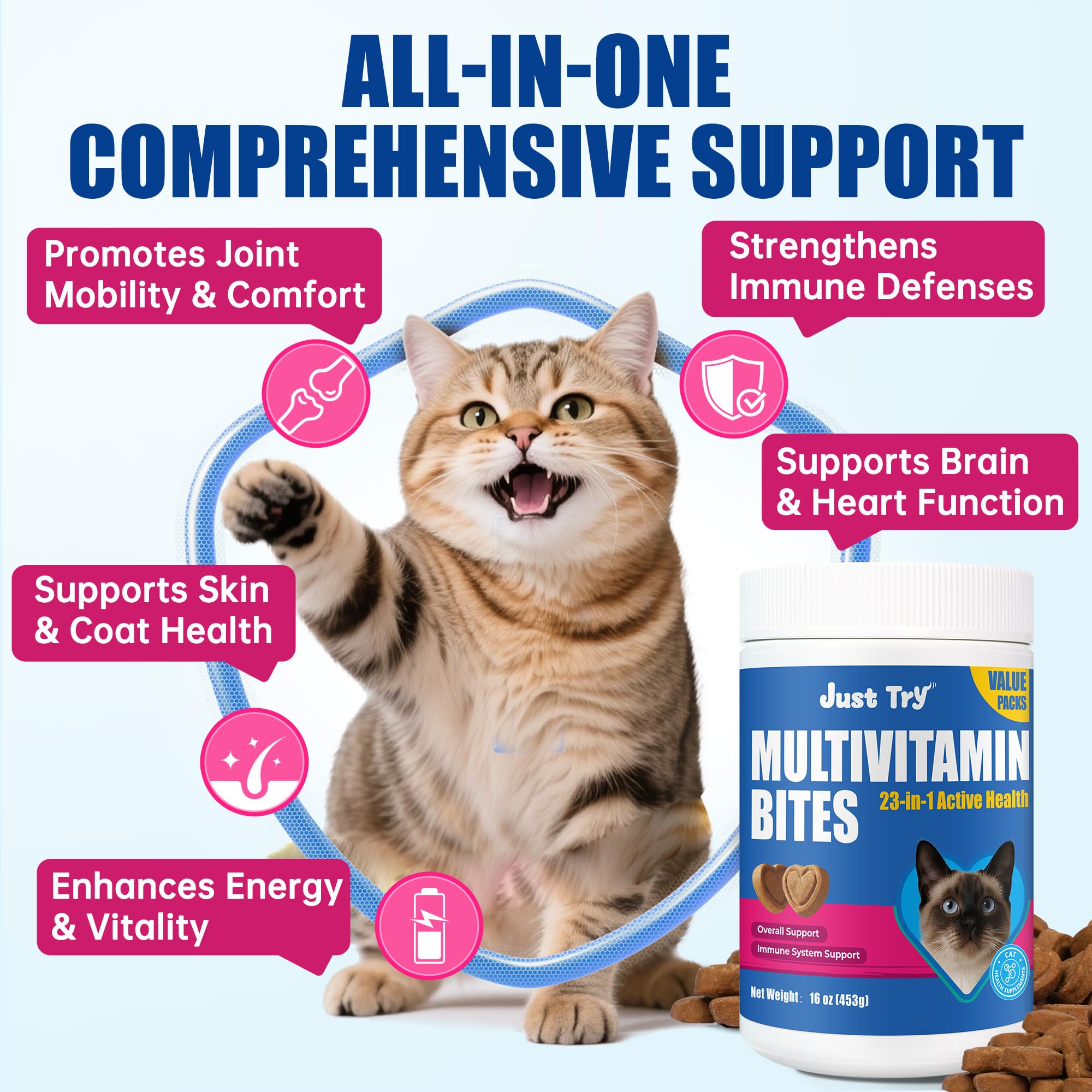Just Try 23 in 1 taurine cat omega-3 coat health support