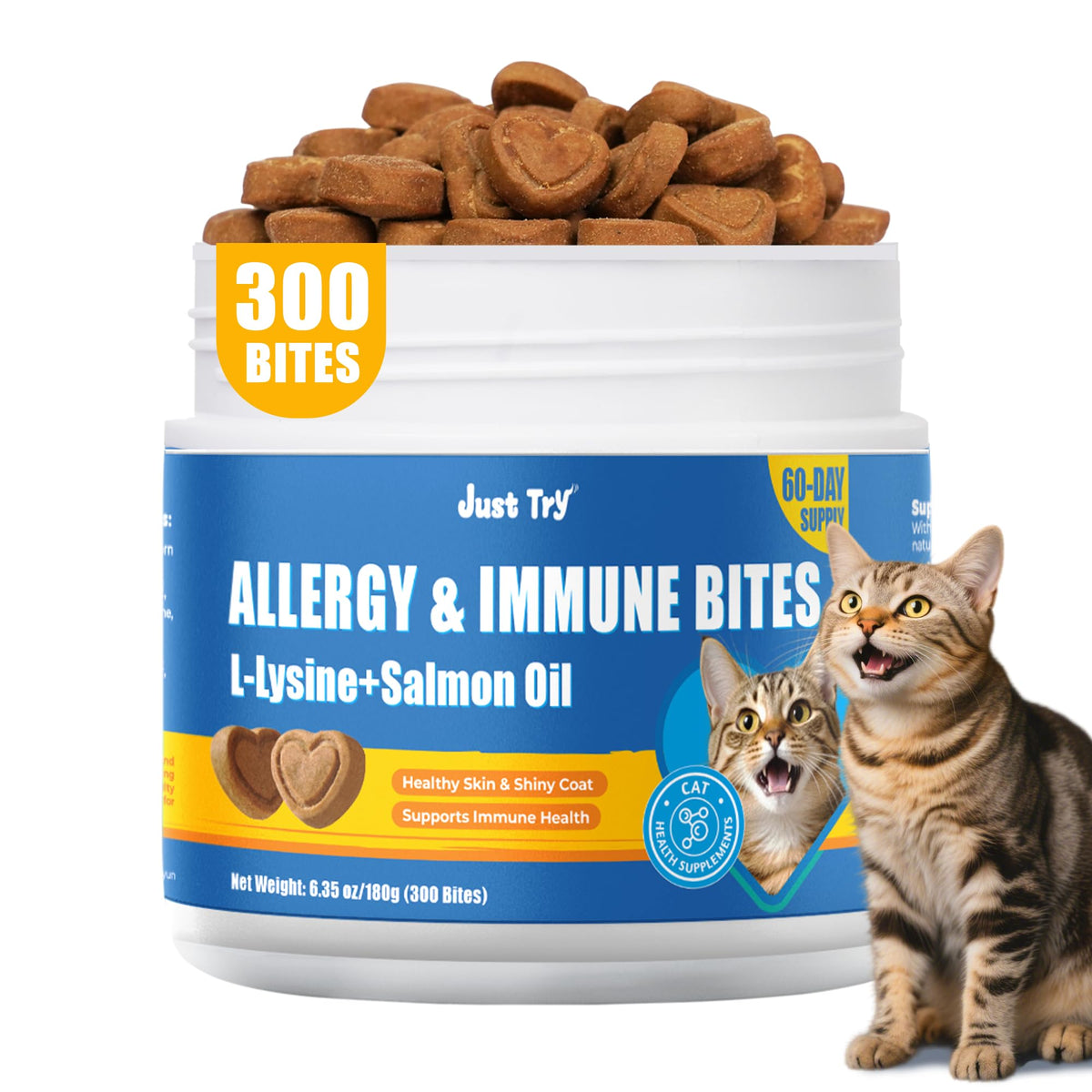 Just Try 300 Bites bottle highlights easy dosing for skin and immune support.