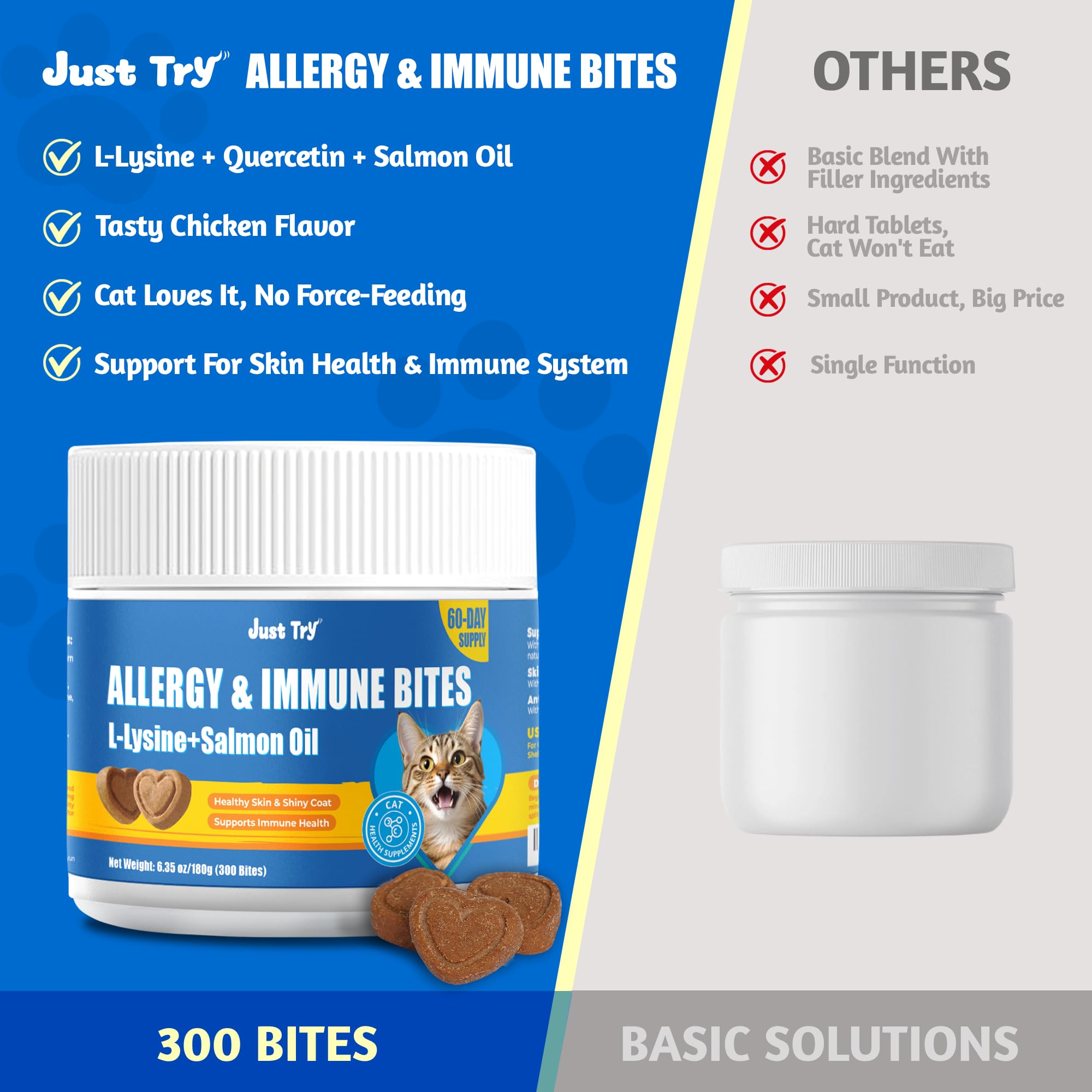 Just Try 300 Bites cat enjoying bites demonstrates easy daily supplementation.