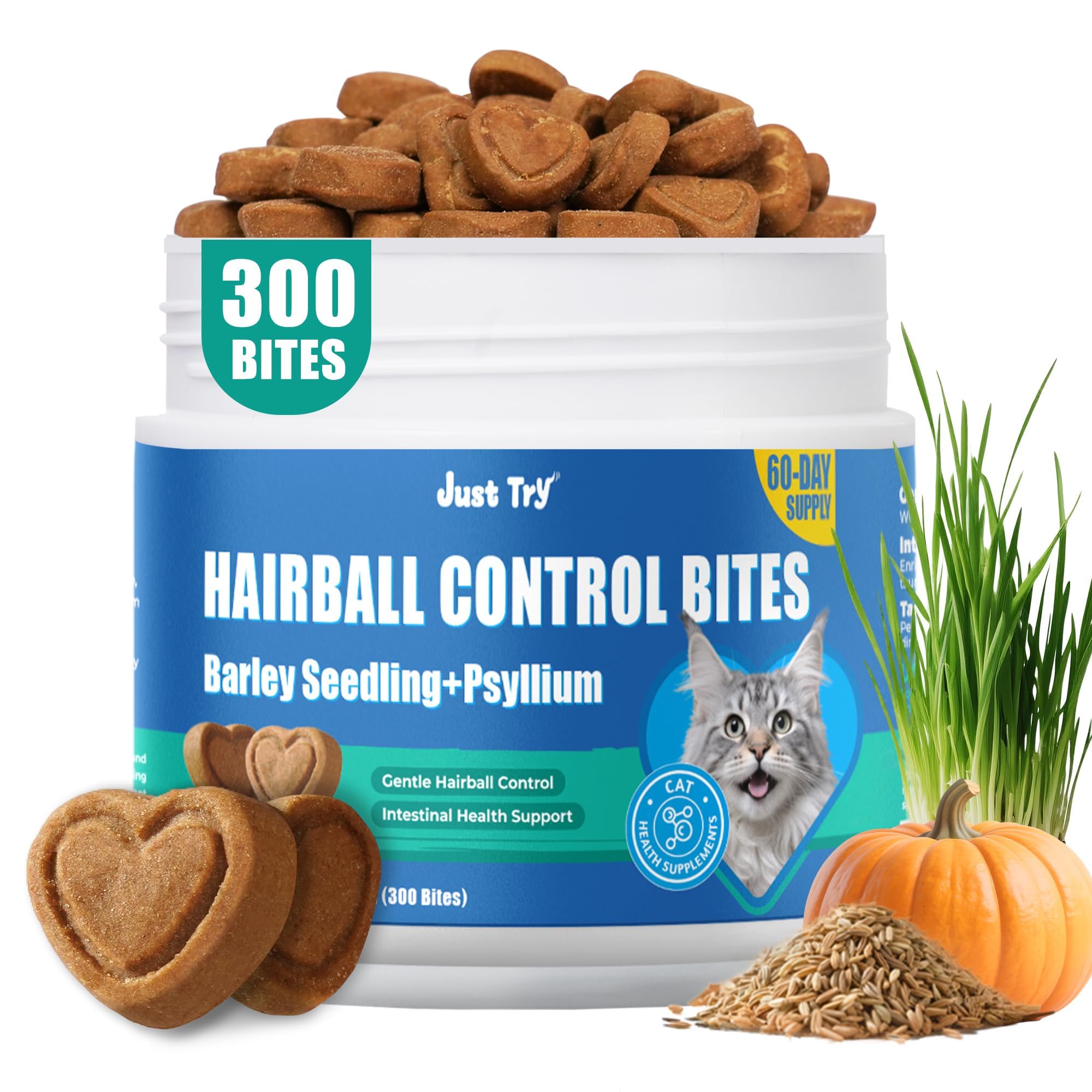 Just Try 300 Bites Hairball Treats bottle shown for easy administration and hairball support.