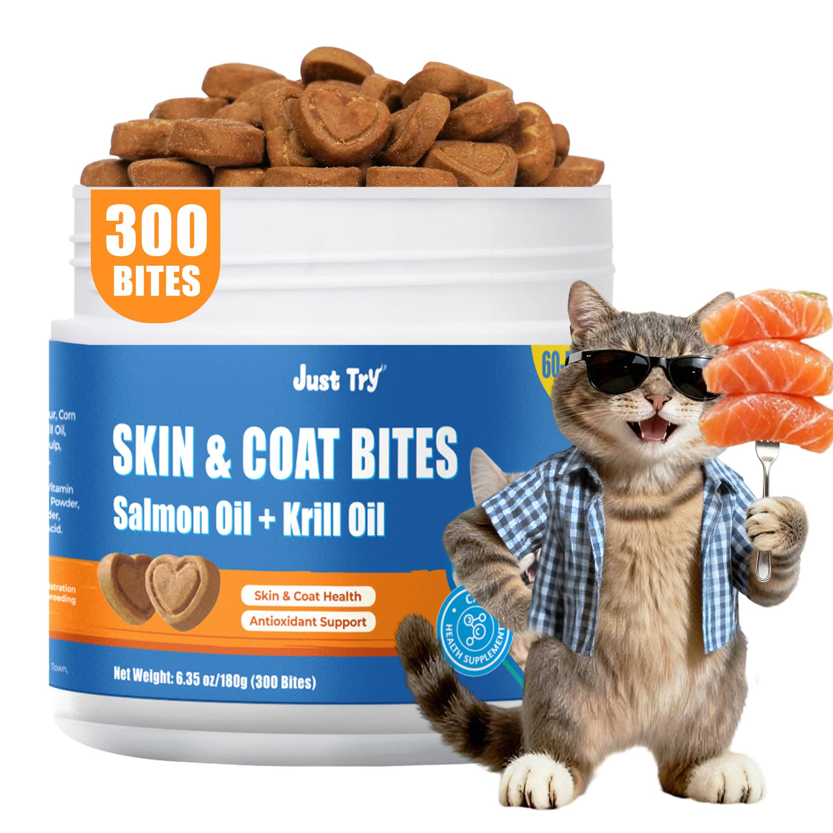 Just Try 300 Bites bottle for skin and coat support, promoting a shiny fur.