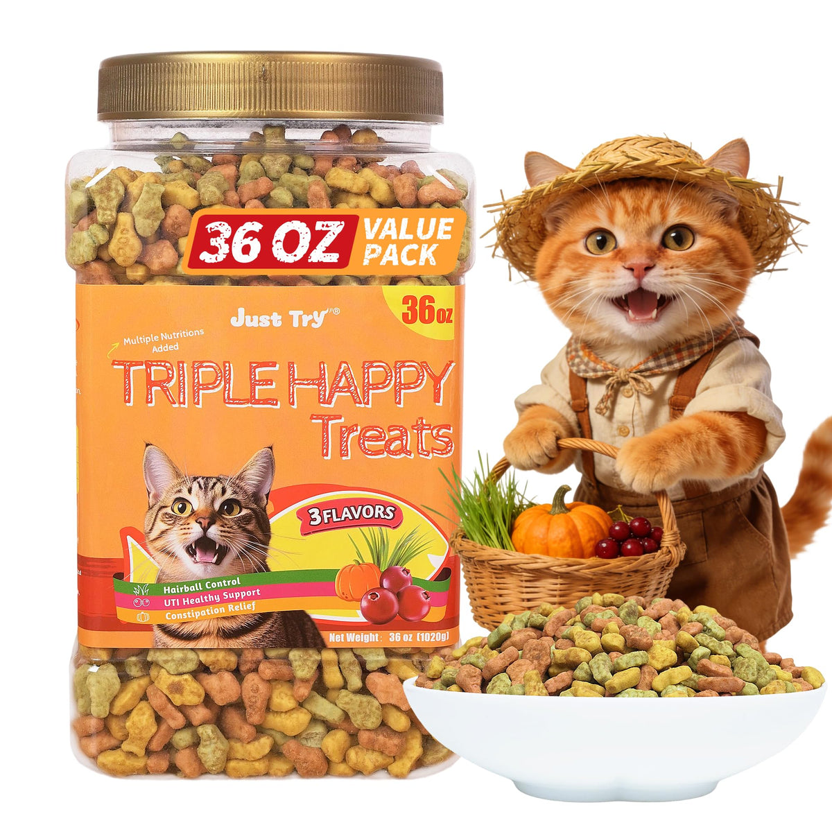 Just Try 36 oz cat treats packaging for bulk savings in multi-cat homes.