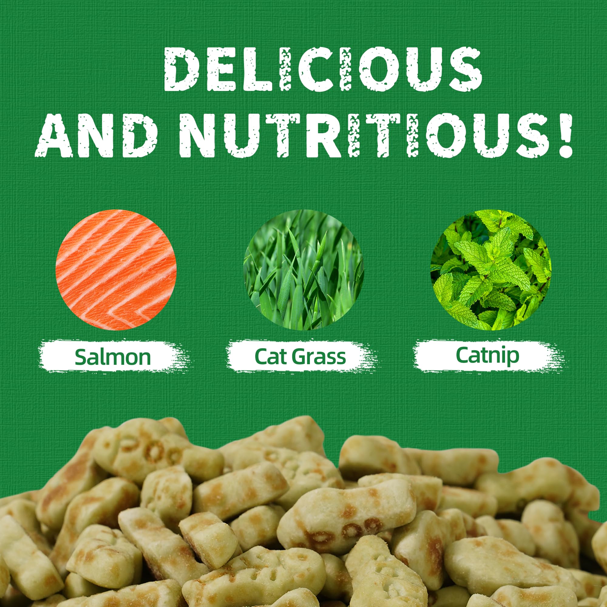 Just Try salmon catnip dental treats with crunchy texture for dental care.