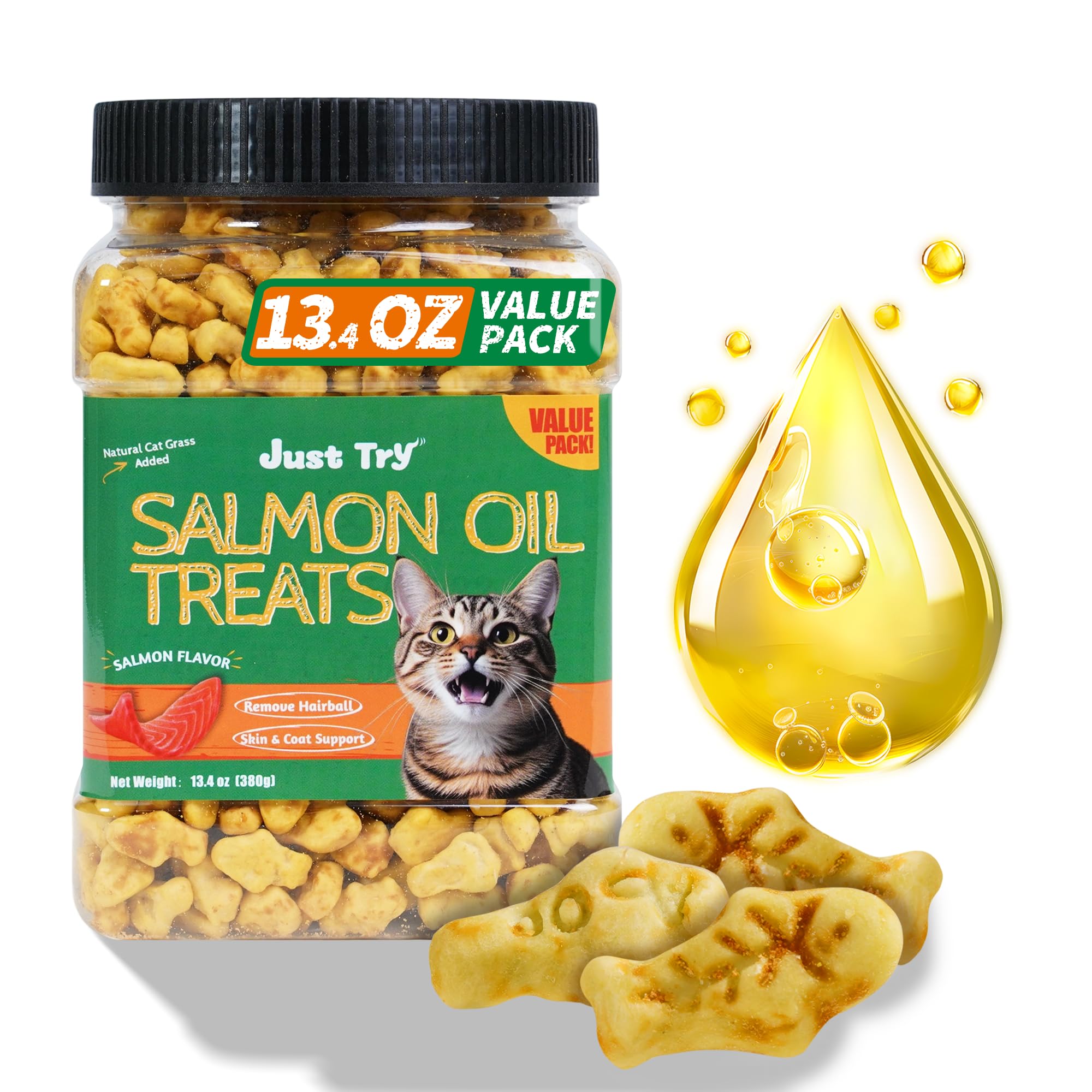 Just Try cat grass treats with salmon oil pack, resealable for freshness.