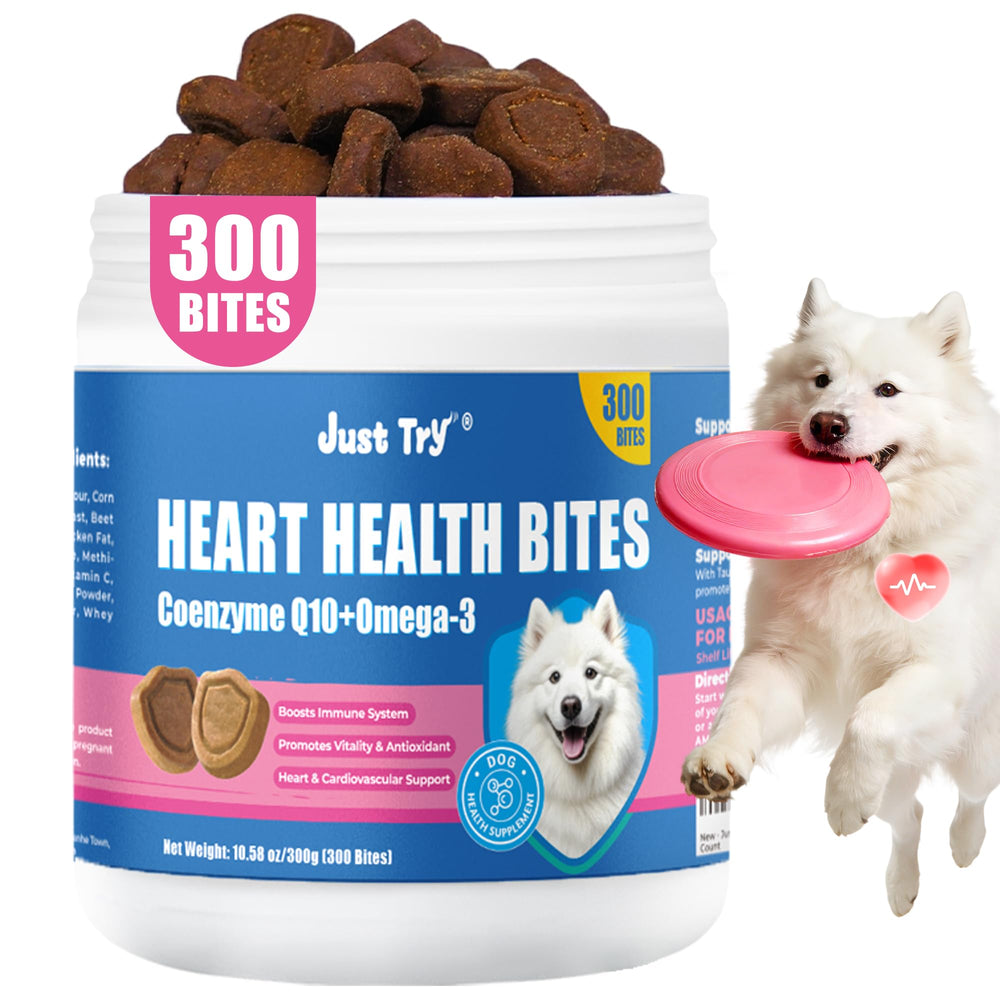 Just Try Coenzyme Q10 Heart Bites bottle showing heart support for dogs