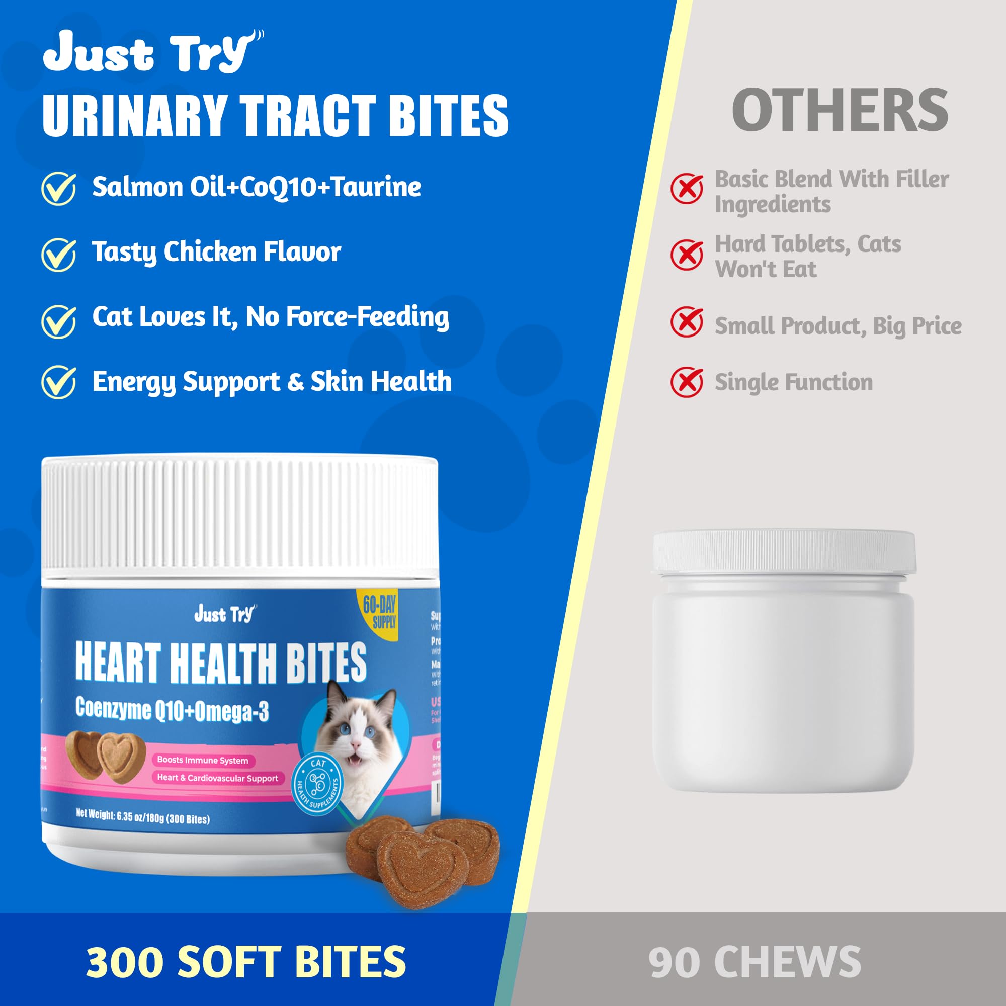 Just Try CoQ10 Cat Bites energy-focused chew shows active, happy indoor cats.