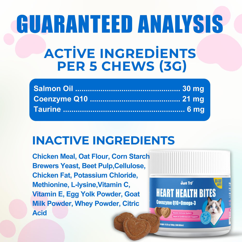 Just Try CoQ10 Cat Bites vet-tested quality badge suggests dependable supplement choice.