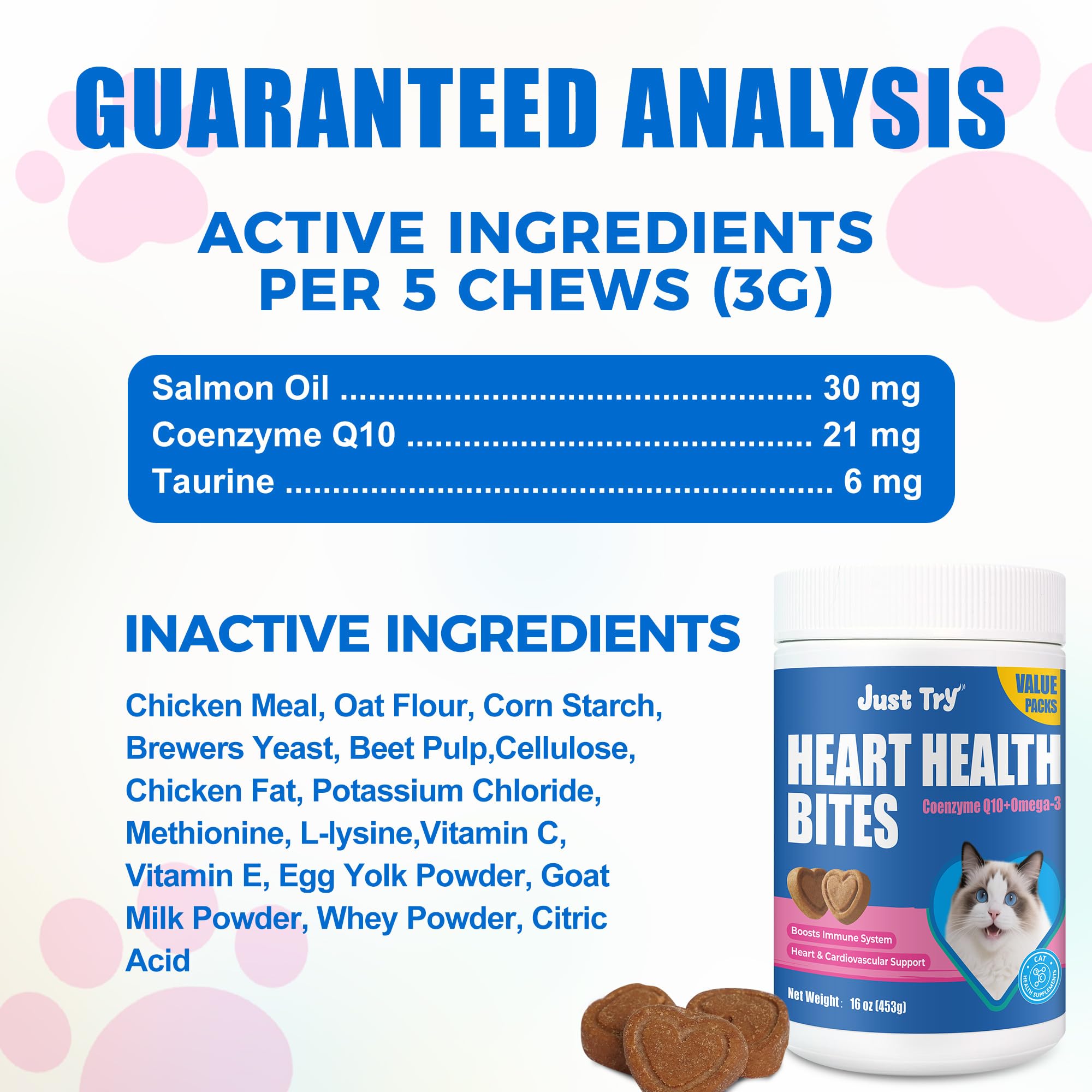 Just Try CoQ10 Heart Bites cat packaging 16oz, value bottle for ongoing use.