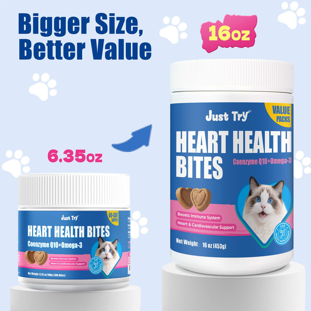 Just Try CoQ10 Heart Bites cat ubiquinol-COQ10 closeup, premium heart-support chew.
