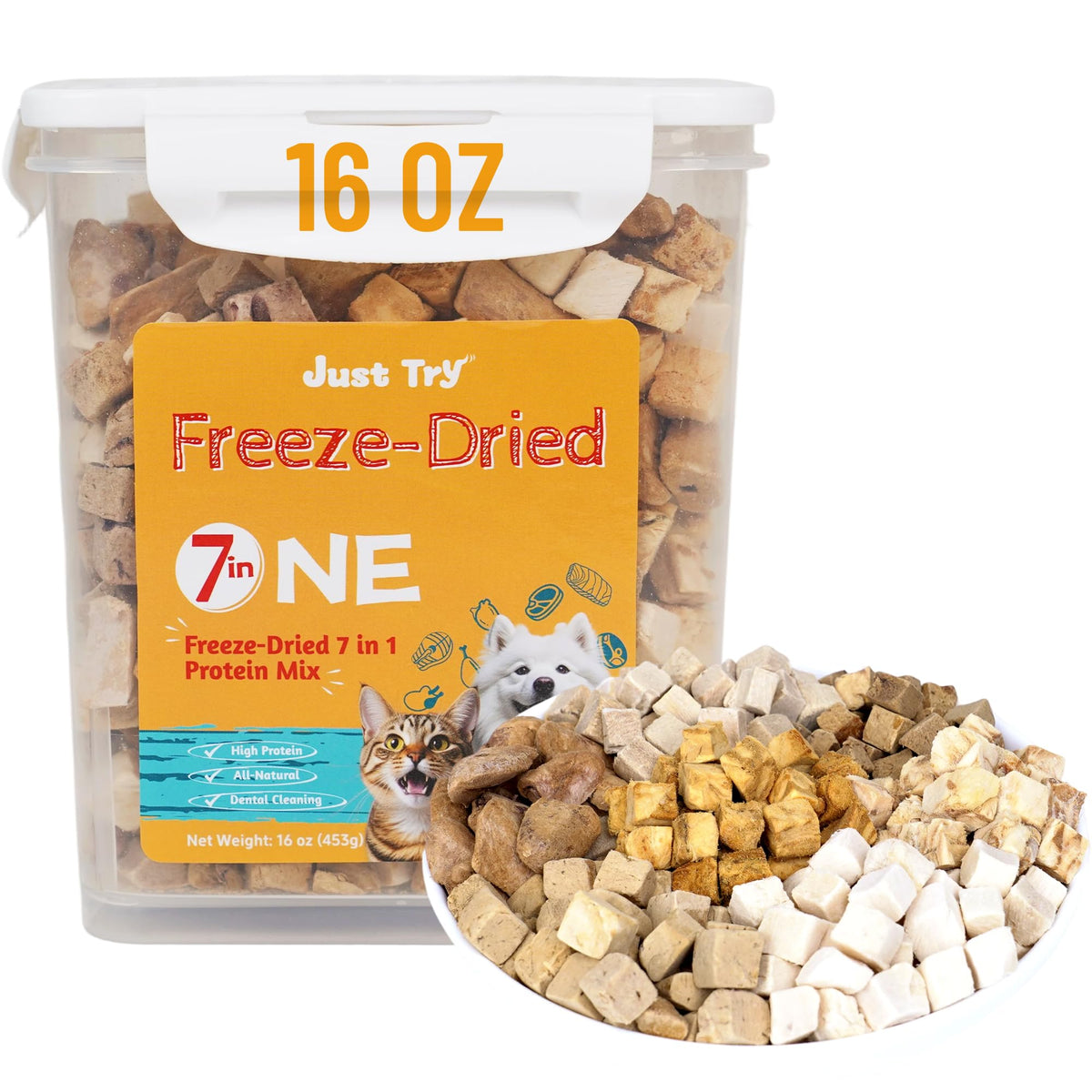 Just Try freeze-dried dog treats in mixed-flavors bowl, ideal for tasty rewards