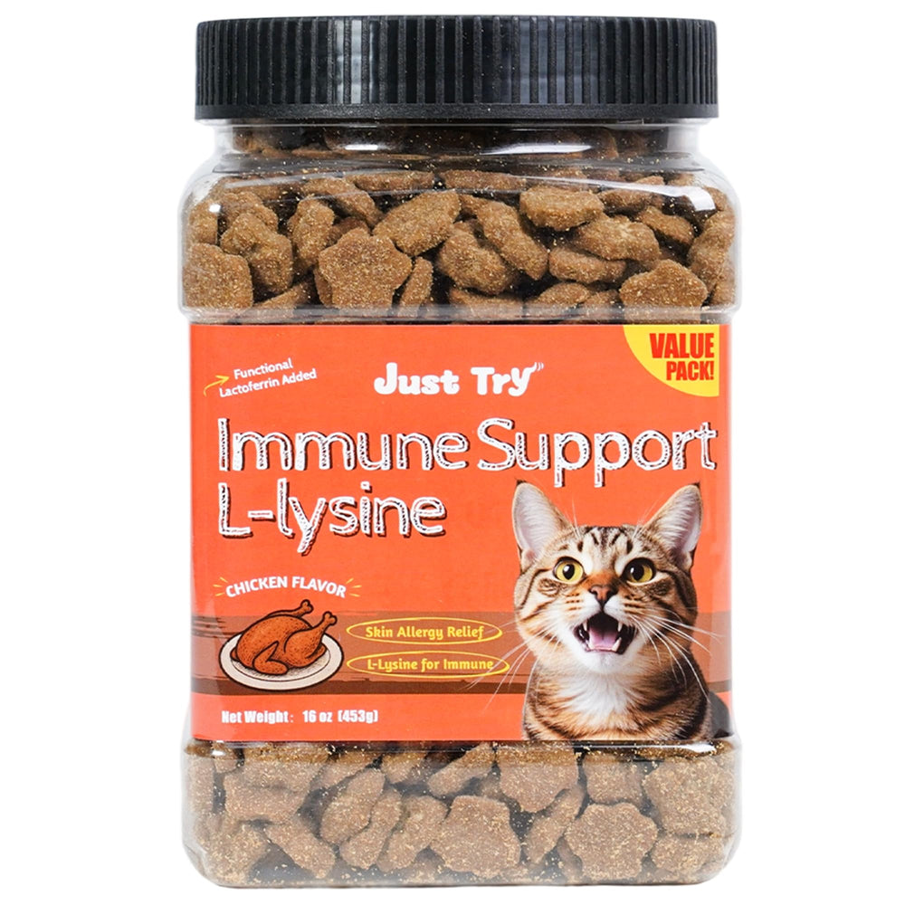 Just Try Lysine Cat Treats bottle displaying the 16 oz jar for cats' nutrition