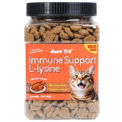 Just Try Lysine Cat Treats bottle displaying the 16 oz jar for cats' nutrition