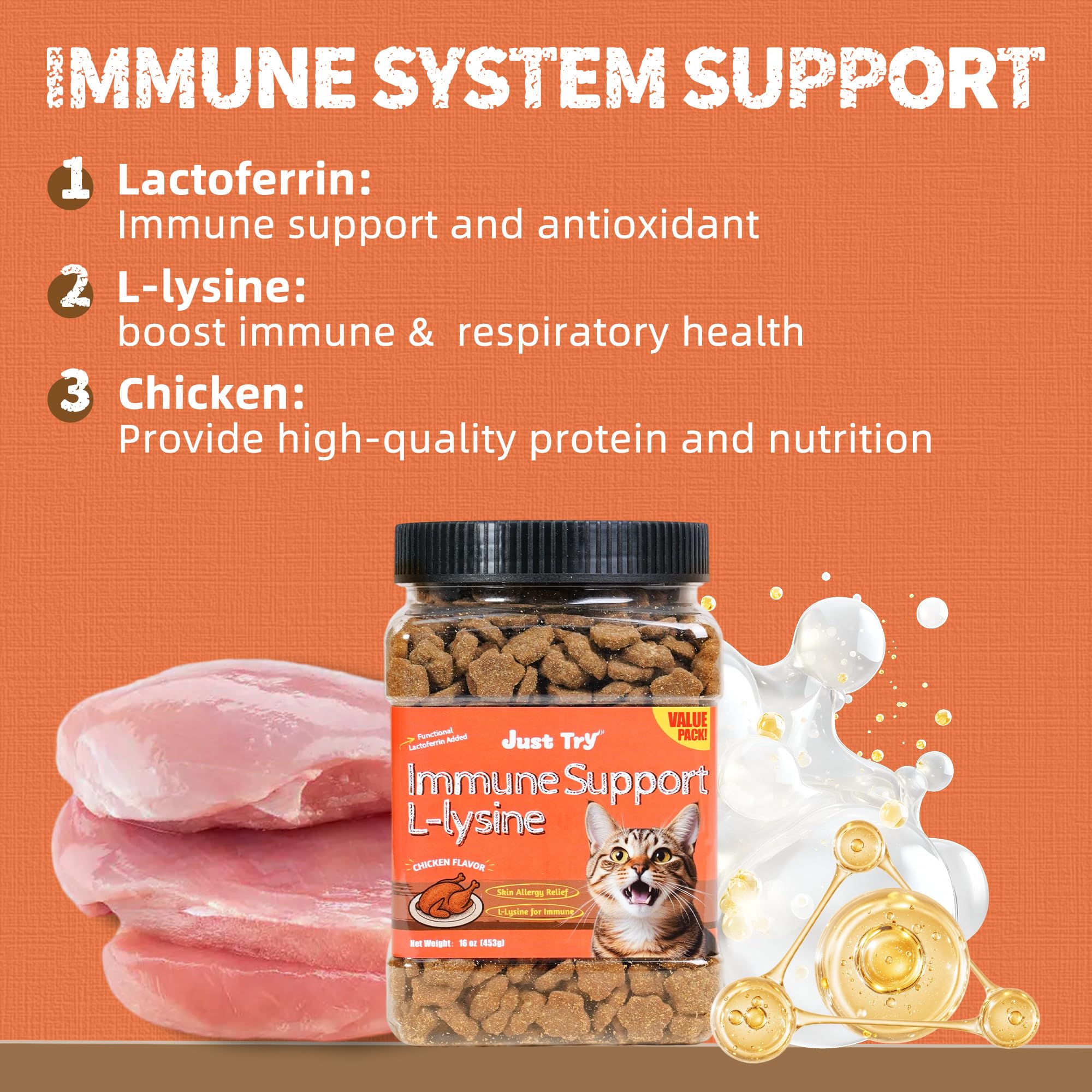 Just Try Lysine Cat Treats cat closeup showing a crunchy texture loved by felines