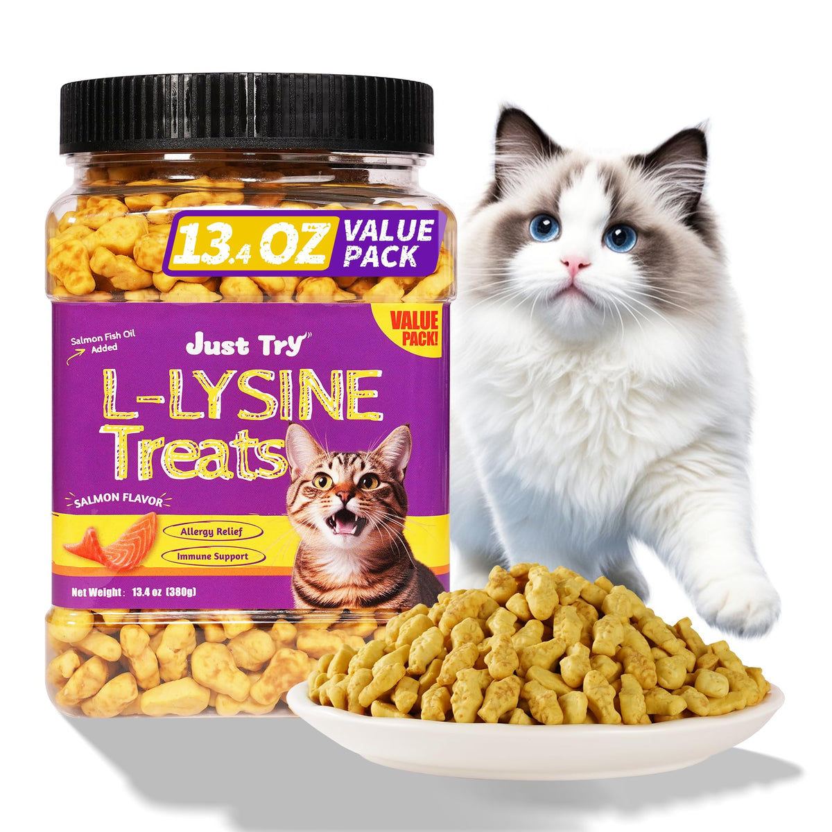 Just Try Lysine Cat Treats salmon flavor front-of-jar, ideal for training rewards.