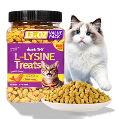 Just Try Lysine Cat Treats salmon flavor front-of-jar, ideal for training rewards.