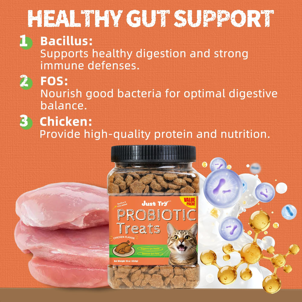 Just Try probiotic cat treats with crispy texture for dental care during chewing.