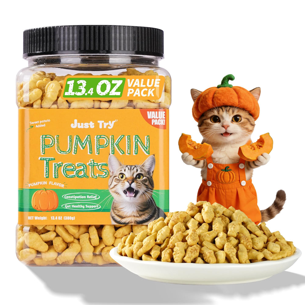 Just Try pumpkin cat treats bag front highlighting brand and convenient digestive-friendly snack