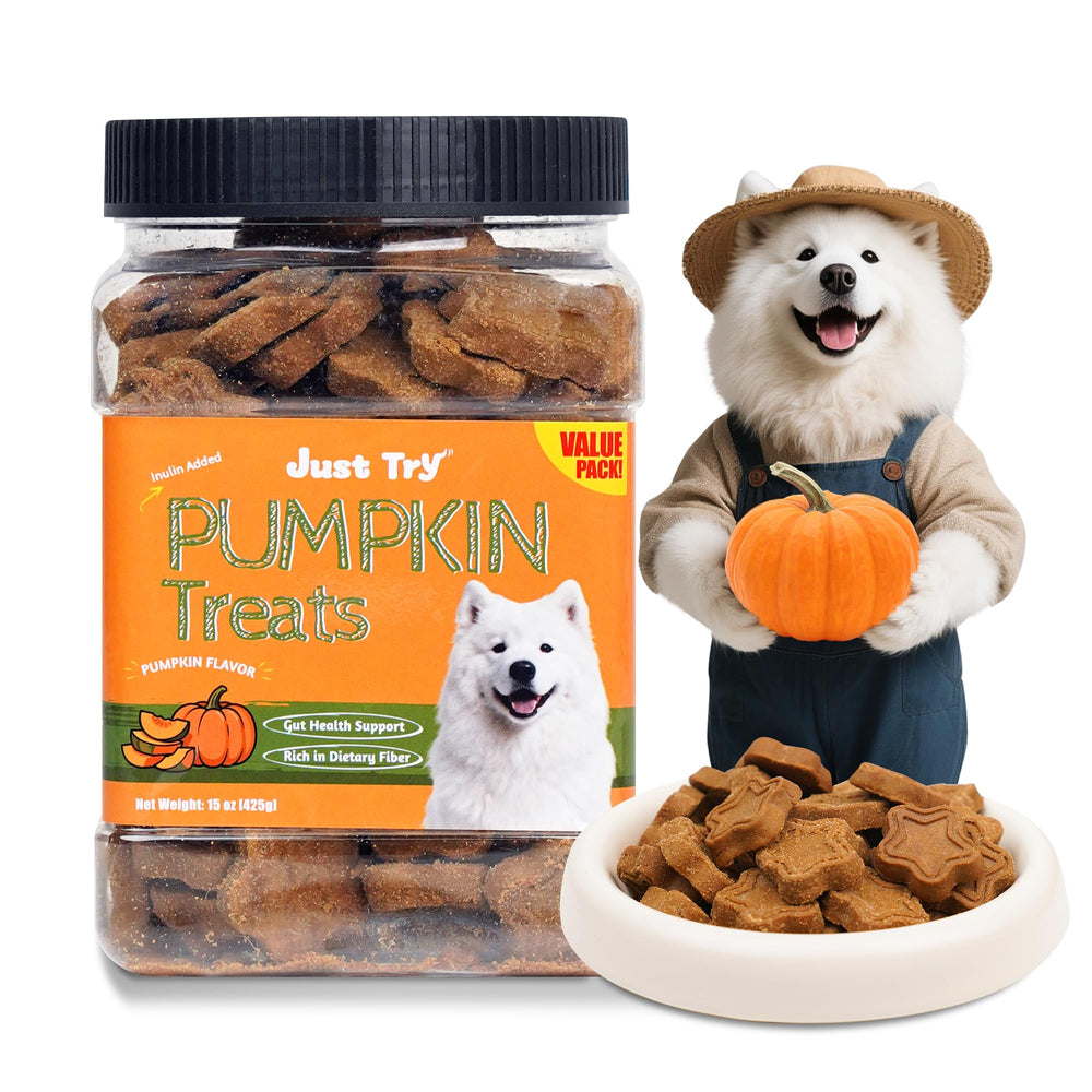 Just Try pumpkin dog treats 15oz bag showing pumpkin flavor and digestive benefits