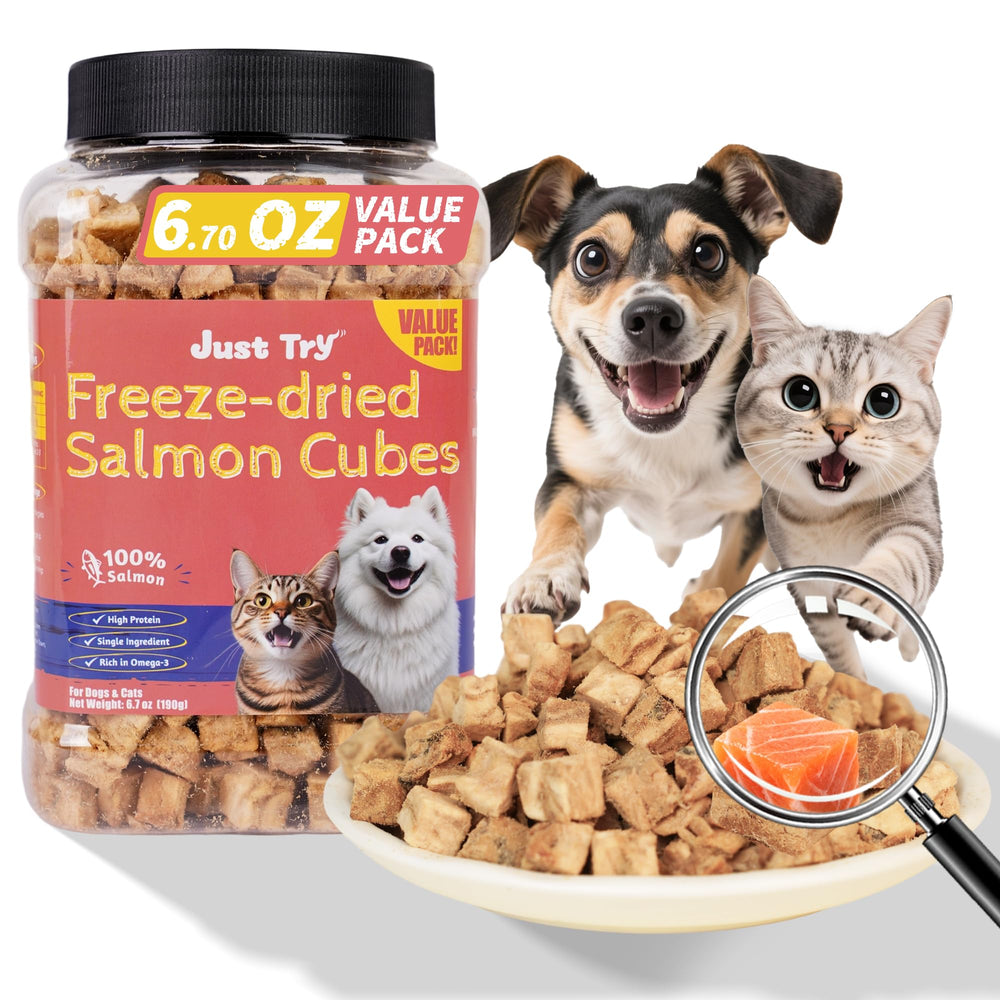 Just Try salmon treats pack shot highlights a single-ingredient, protein-rich snack.