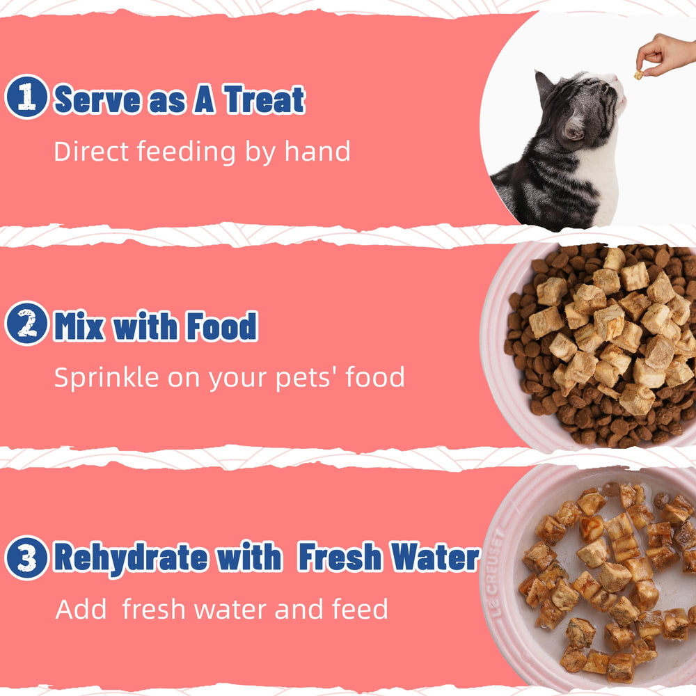 Just Try salmon treats topper on kibble for easy meal enrichment.