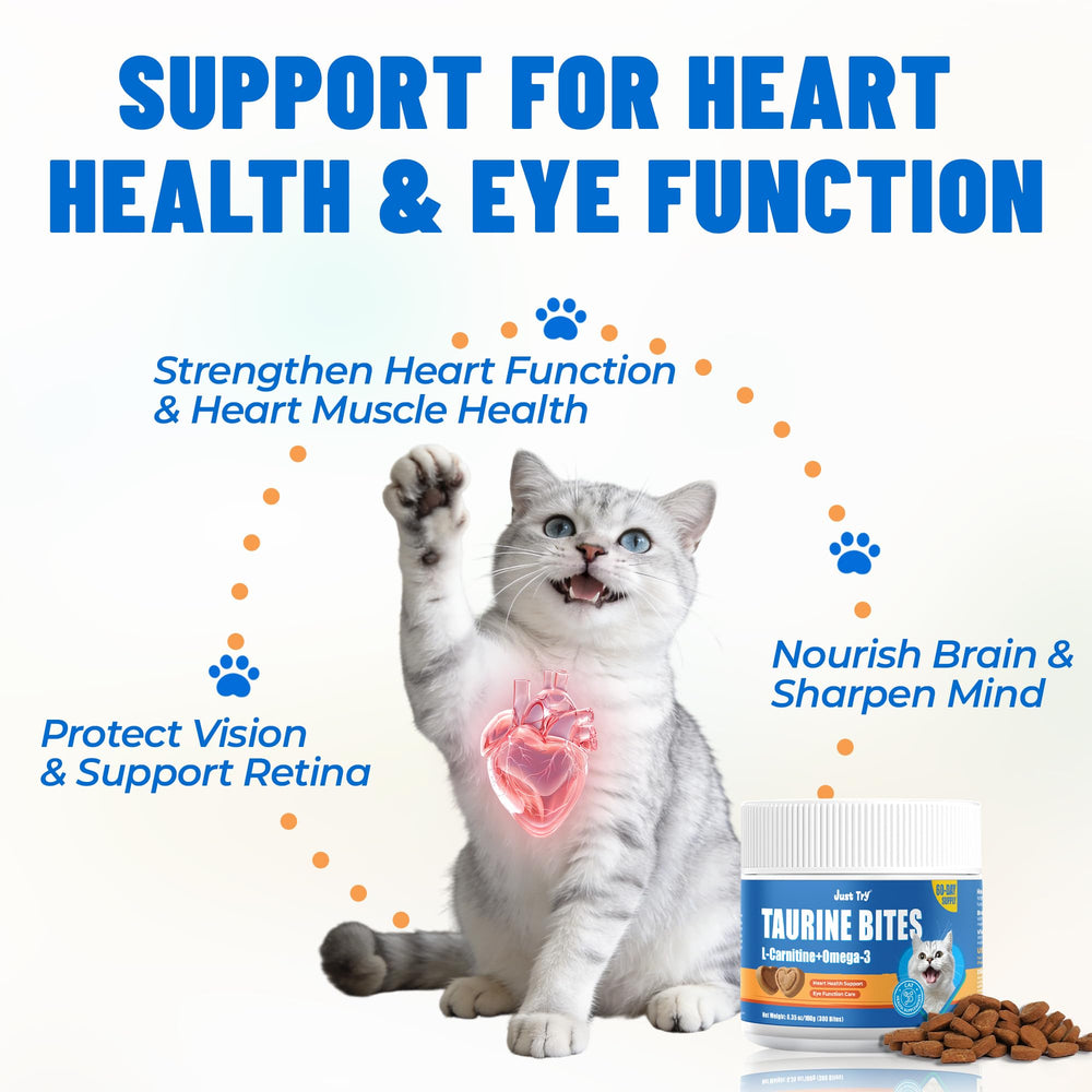 Just Try Taurine Bites ingredients panel showing L-Carnitine and Omega-3 benefits