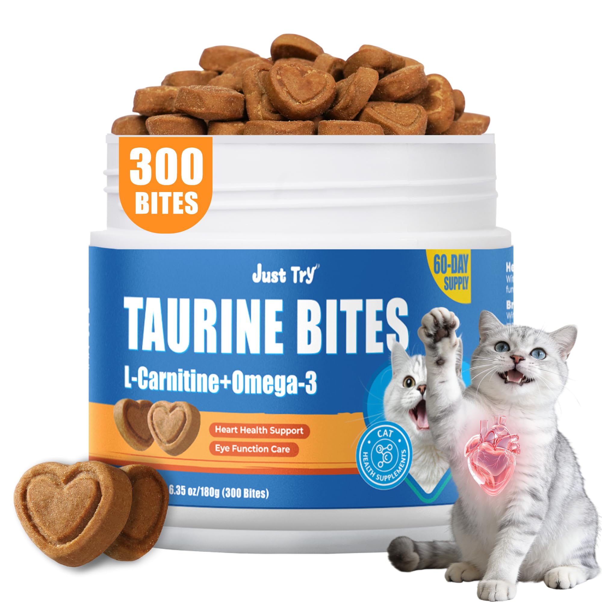 Just Try Taurine Bites jar front for easy daily supplementation for cats