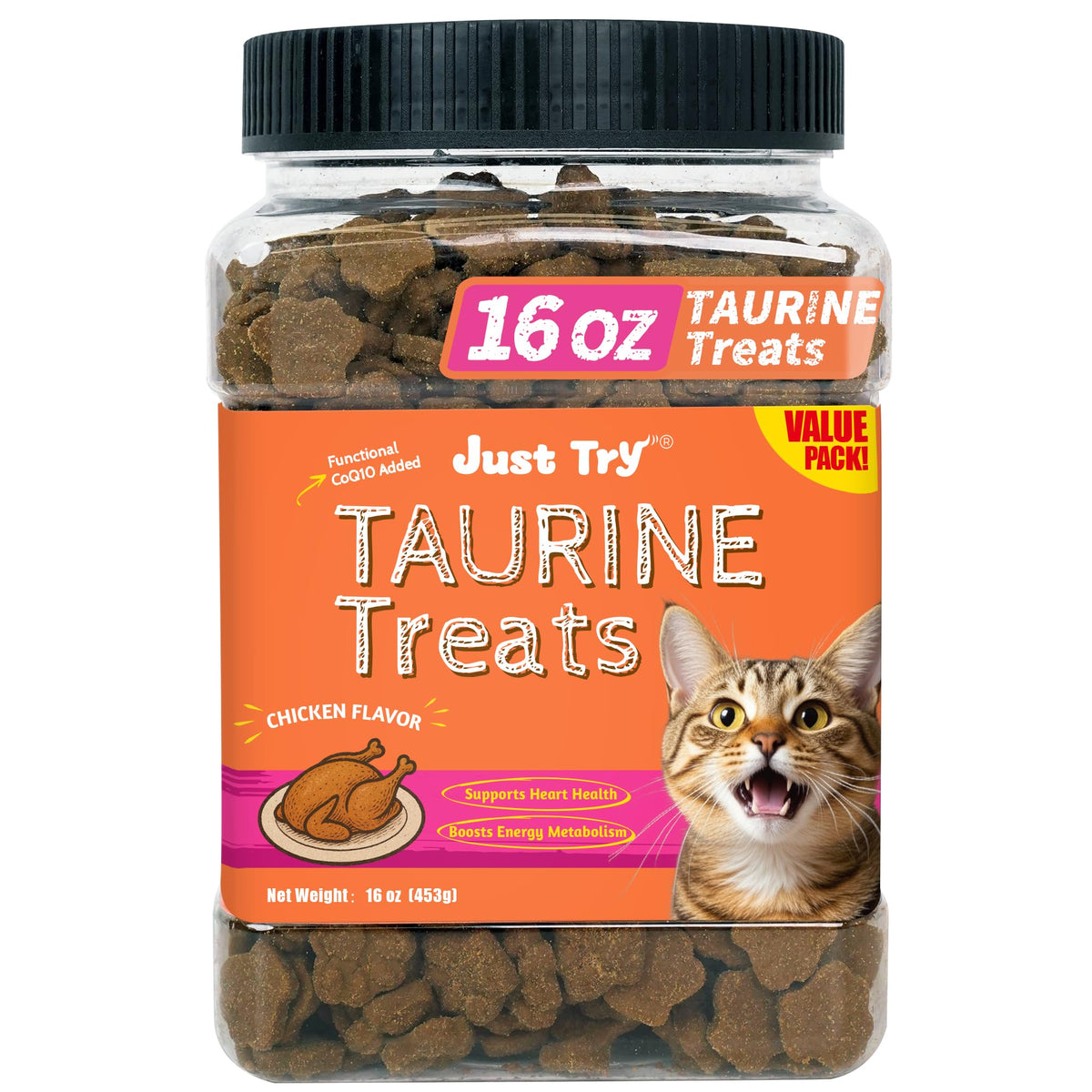 Just Try taurine treats with CoQ10 for cats on dish showing bite-sized daily wellness snack