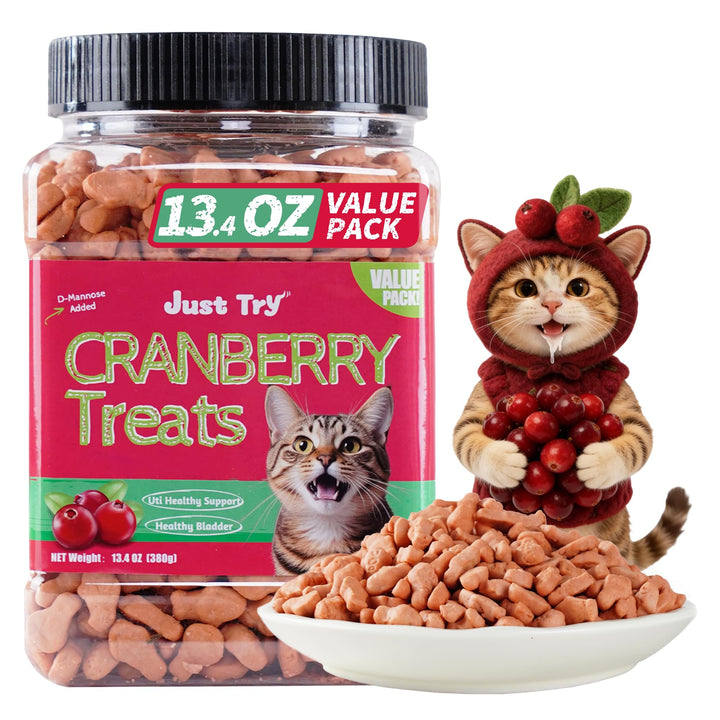 Just Try urinary tract cat treats in a resealable jar support urinary health.
