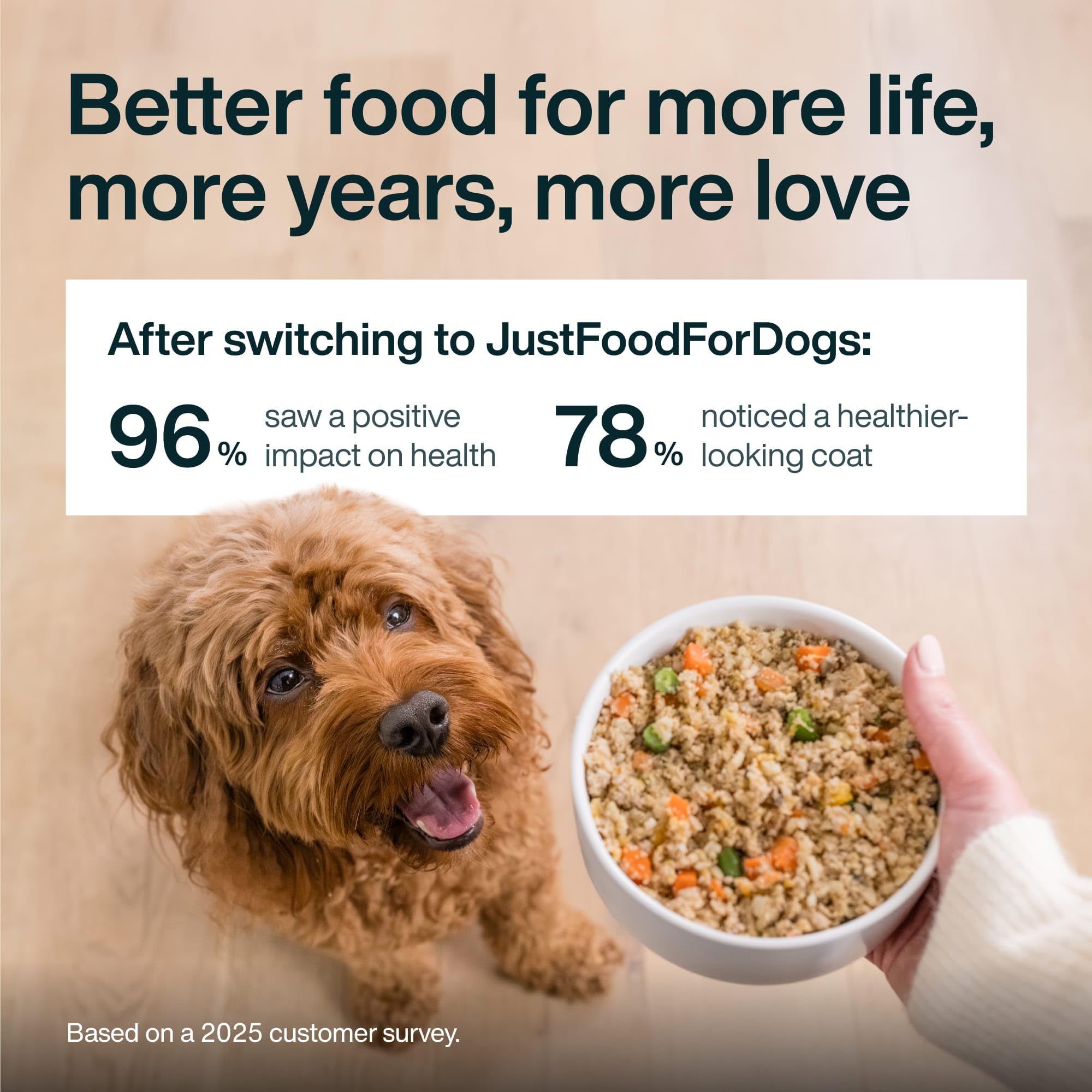JustFoodForDogs 18oz pack showing convenient seven-pack design.