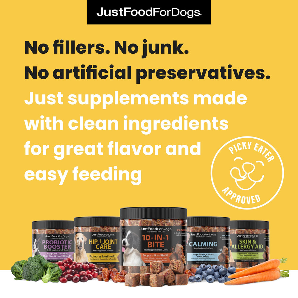 JustFoodForDogs packaging emphasizes dosage and serving size for easy feeding.