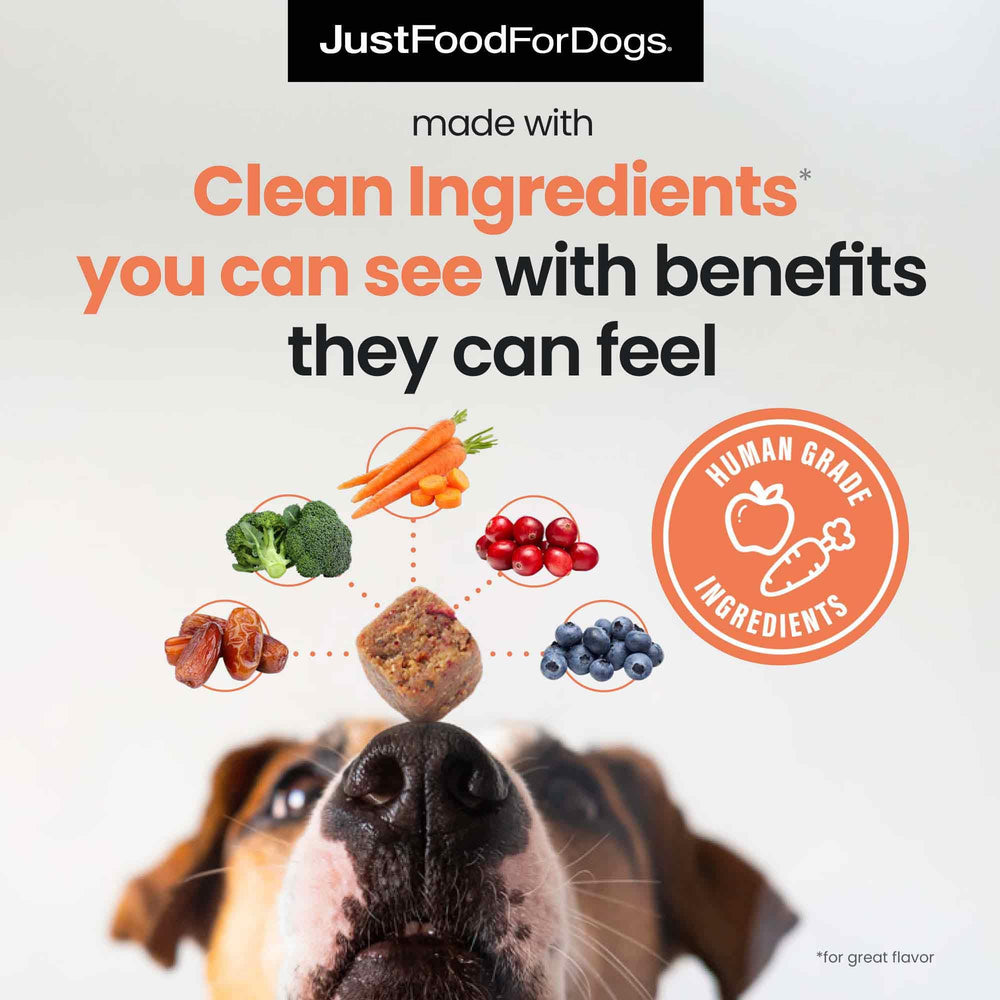 JustFoodForDogs algae oil omega-3 ingredient panel highlights skin and coat support